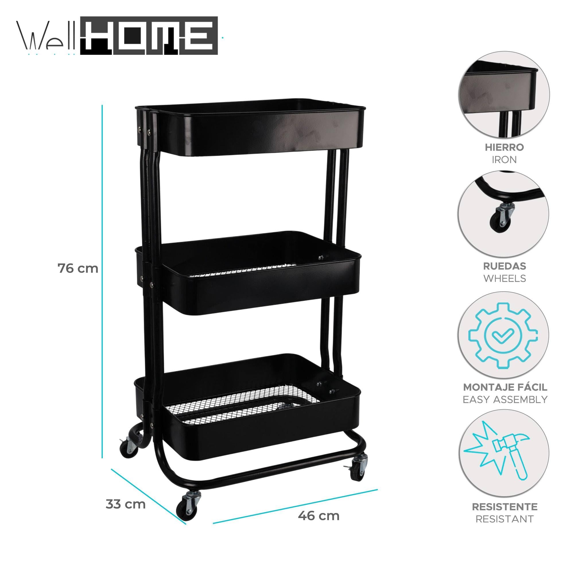 WELL HOME MOBILIARIO & DECORACIÓN Carro de Cocina de Hierro en Negro con Ruedas y 3 cajones