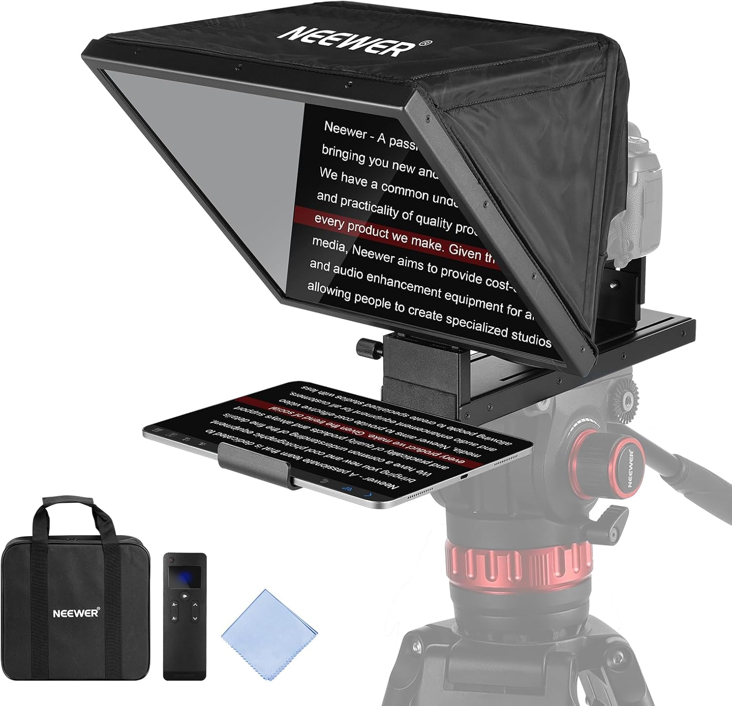 NEEWER Basics X16B Aluminum Alloy Liftable Teleprompter 16″ for iPad Tablet Phone DSLR Camera, No Assembly, Remote & App Control, Compatible with iOS Android, Pro for Online Teaching Live Streaming NEEWER Basics X16B Aluminum Alloy Liftable Teleprompter 16″ for iPad Tablet Phone DSLR Camera, No Assembly, Remote & App Control, Compatible with iOS Android, Pro for Online Teaching Live Streaming