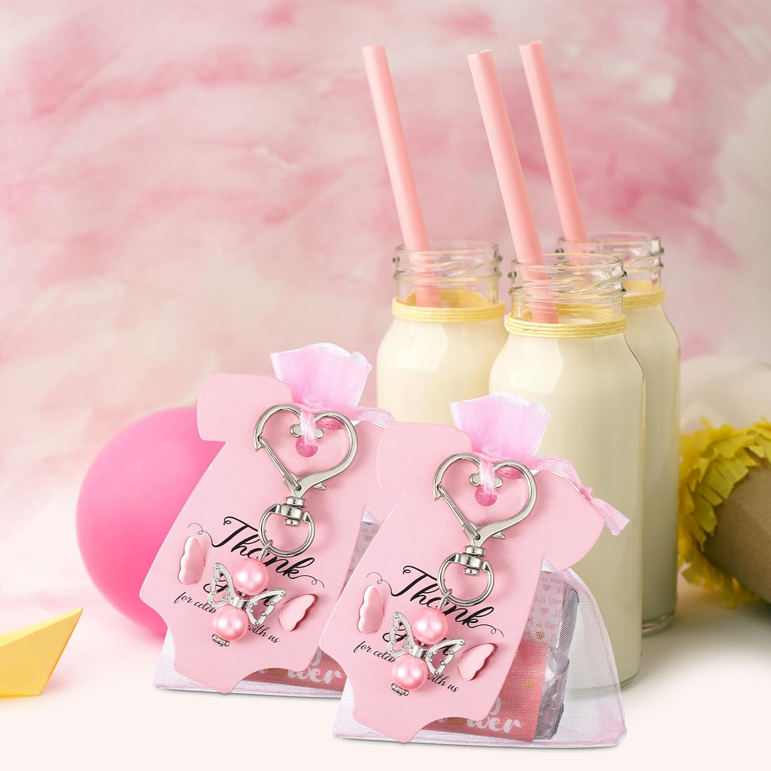 Teling 50 Sets Baby Shower Party Favors Baby Shower Angel Keychains Label Sticker Cards Organza Bags for Baptism Party(Pink)