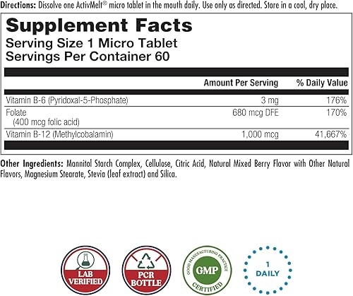 Miniatura 2 de KAL Vitamina B-6, B-12 y suplemento de ácido fólico, salud cardíaca, energía y apoyo de glóbulos rojos*, con vitamina B12 metilcobalamina y folato,