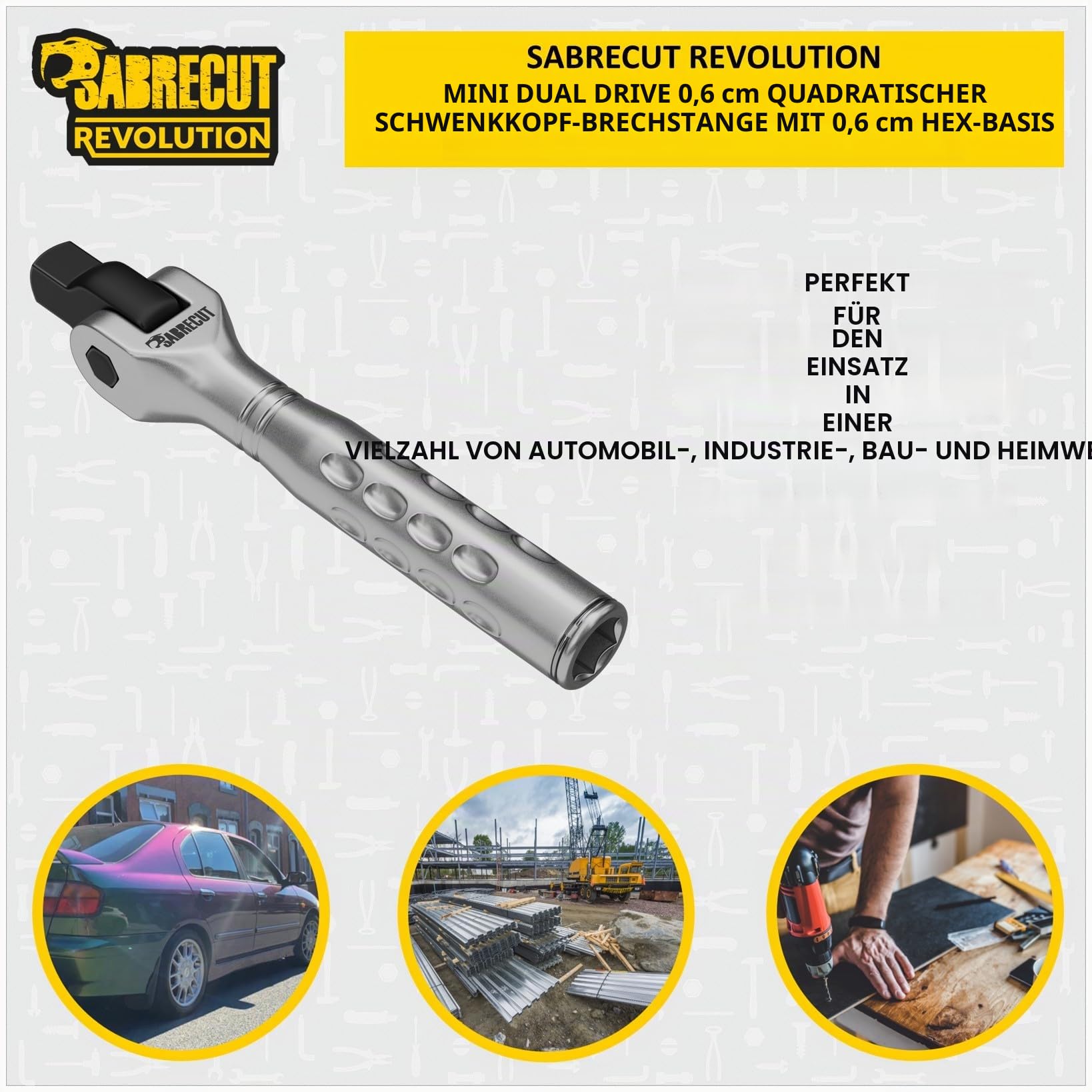 SabreCut 1 x MRSC12 Mini Dual Drive Compact 1/4" Vierkant-Drehkopf-Brecherstange mit Sechskantbasis – gerändelter, rutschfester Griff, 180-Grad-Schwenkkopf-Federverriegelungssystem