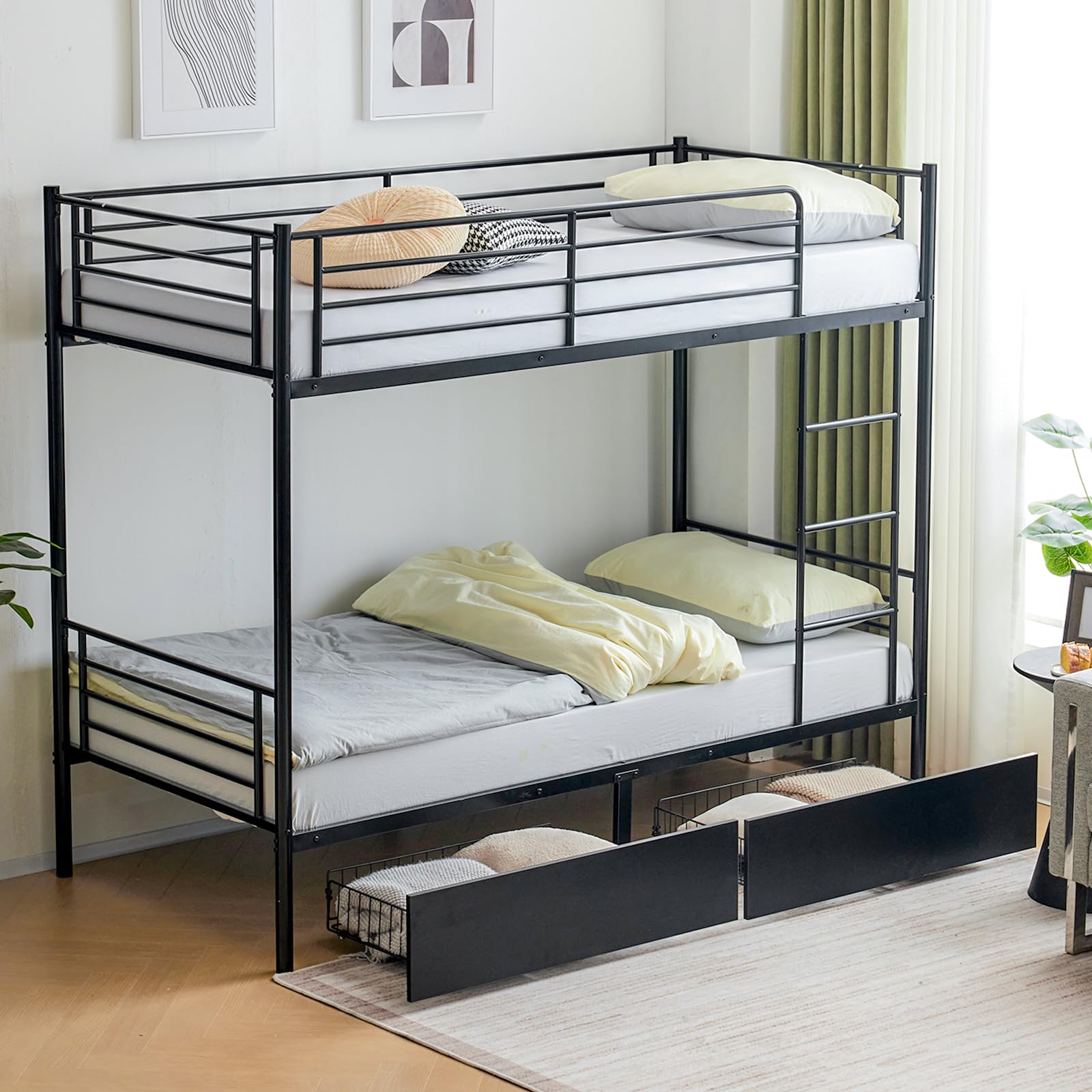 Karl home Heavy Duty Metal Bunk Bed Frame with 2 Large Drawers, Space Saving Double Single High Loft Beds w/Guardrails & Ladder for Small Rooms, Adults Teen Fit for 5"-8" Mattress, Black