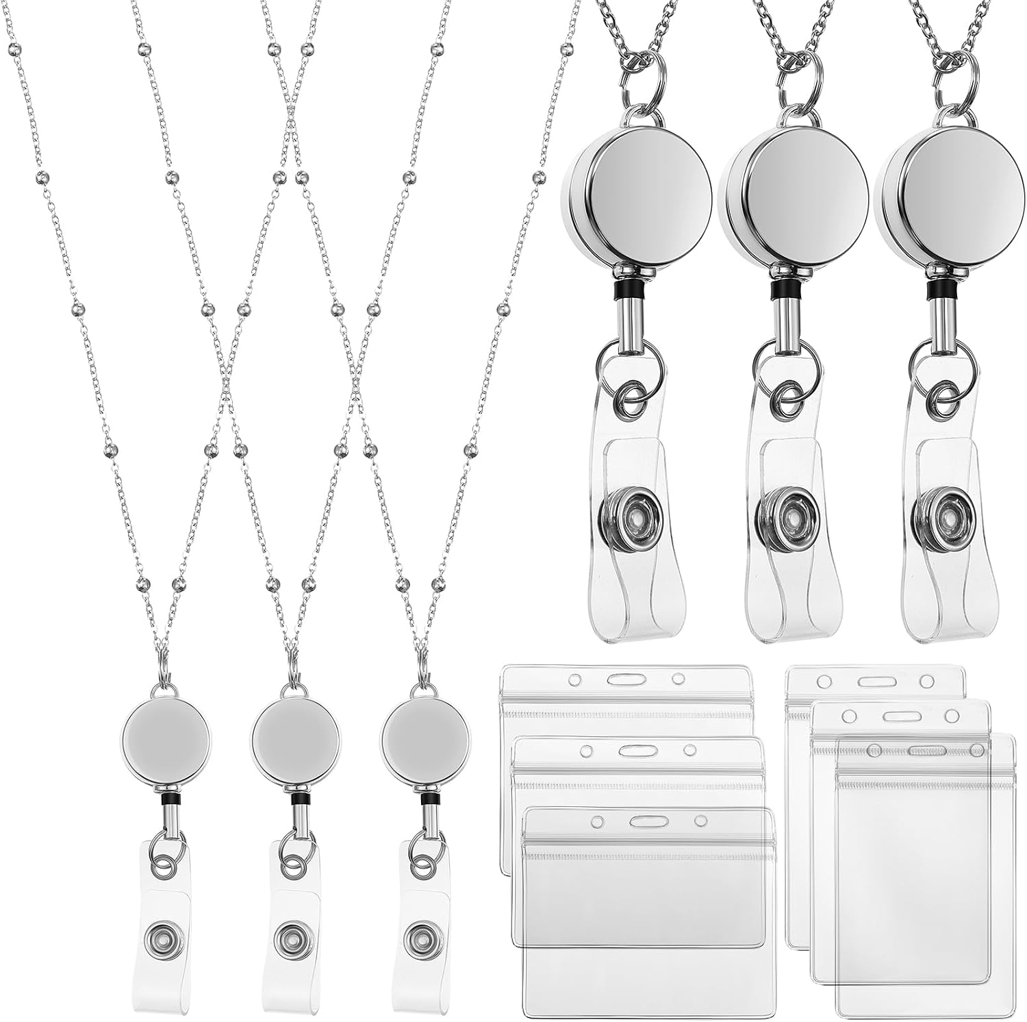 3 Pcs Retractable Beaded Lanyard with 6 ID Holder, Silver
