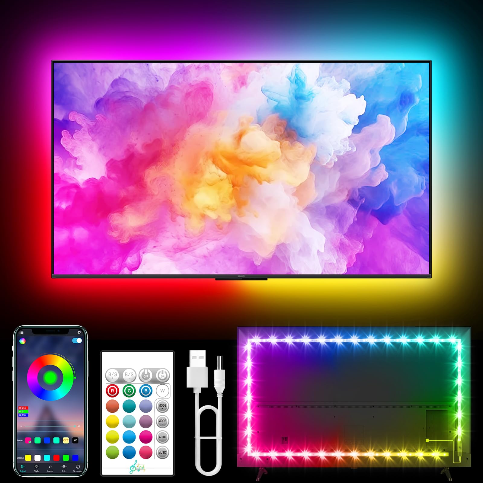 Tyute TV LED Lights, 18.0ft LED Lights for 40-75 Inch TV Behind Lighting, RGB Color Changing TV Backlight with APP & Remote Control, Music Sync USB LED Strip Light for Bedroom Gaming Room Decor