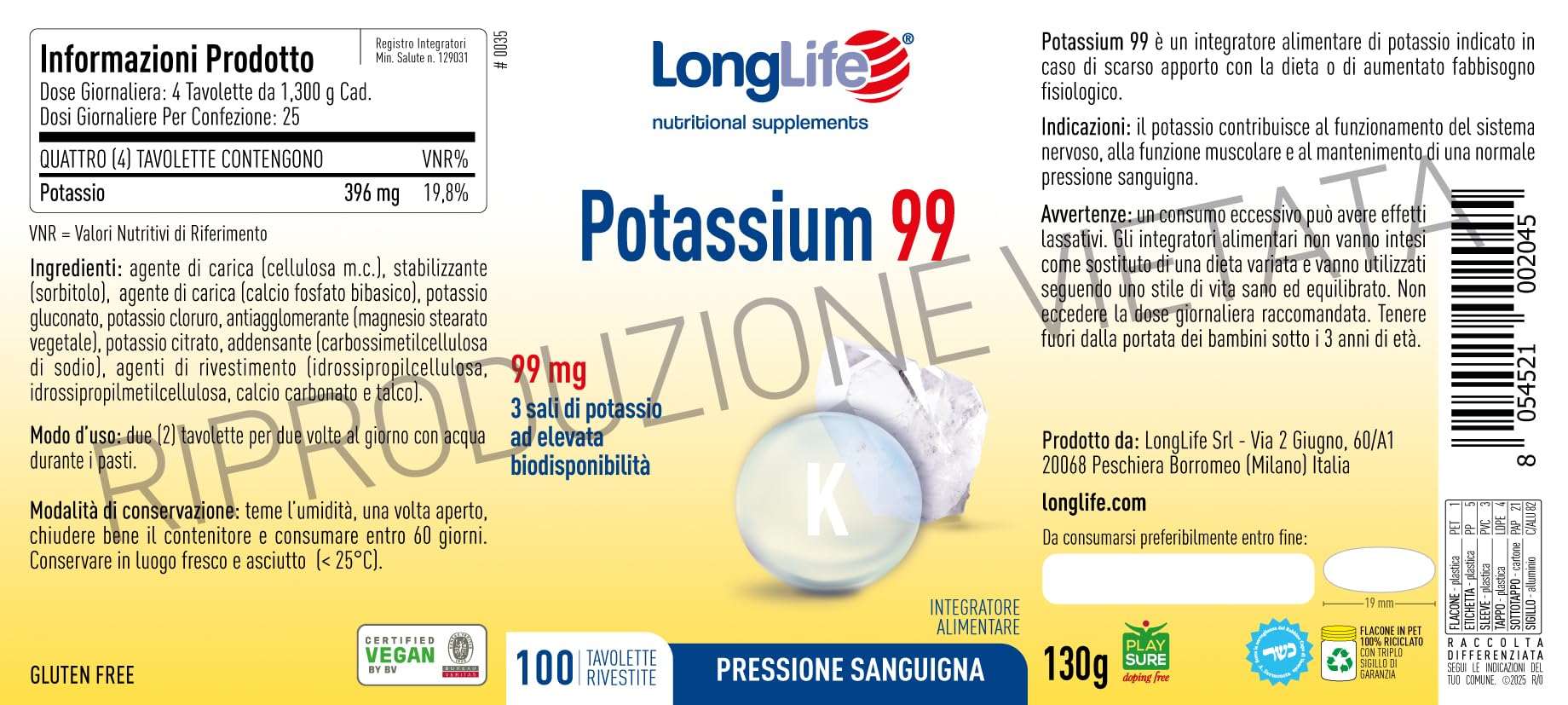 LongLife® Potassium 99 | 3 sali di potassio | Ad alta biodisponibilità | 100 tavolette rivestite | Pressione sanguigna, funzione muscolare e neurologica | Vegano e senza glutine