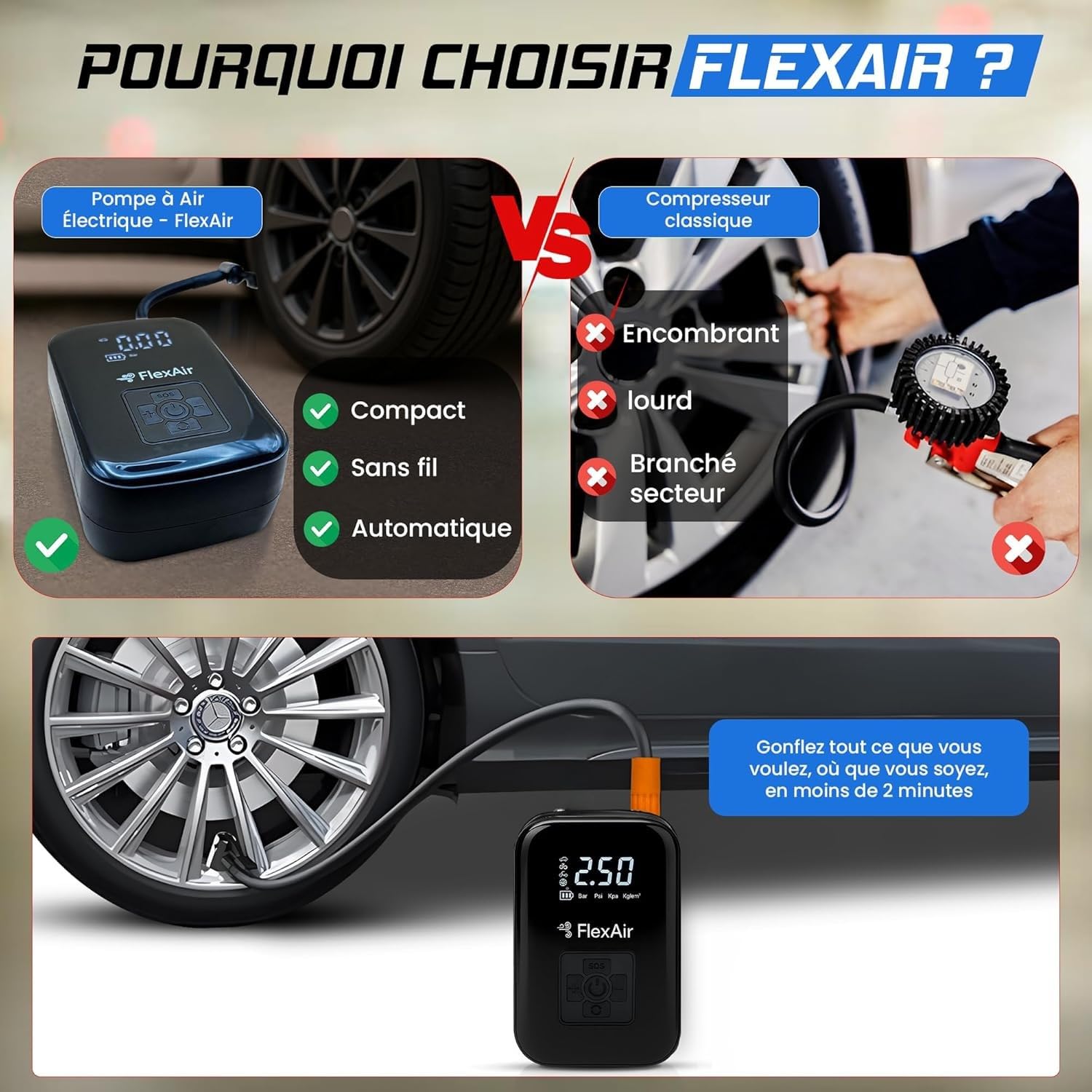 FLEXAIR – Gonfleur Pneus Voiture & Pompe Vélo Électrique Rechargeable | Compresseur à Air Portatif sans Fil | Mini Souffleur Puissant pour Ballon, Moto, VTT & Accessoires de Gonflage