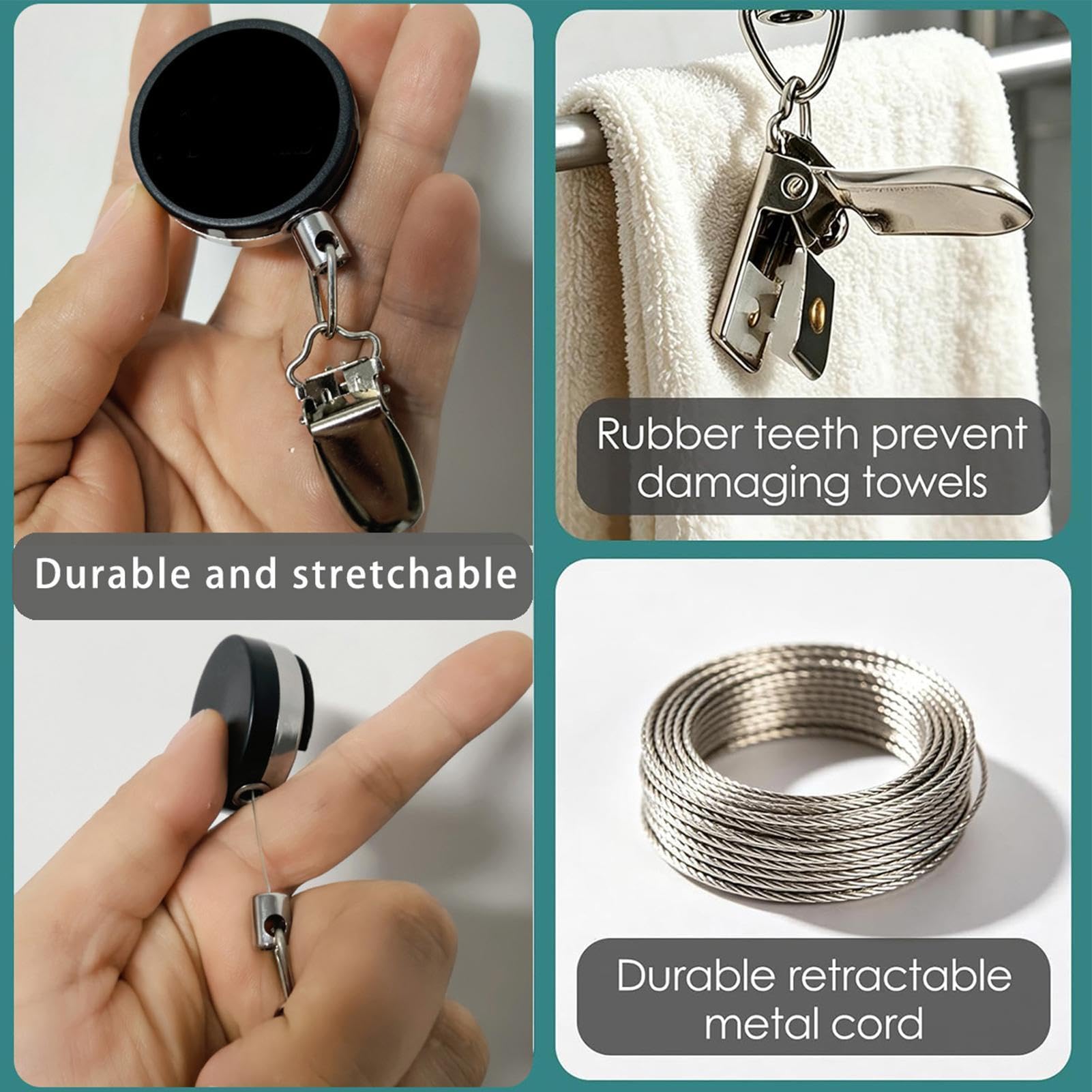 Ganci per asciugamani da parete, con corda retrattile da 60 cm, clip adesiva , gancio per asciugamani, per parete, cucina, bagno, porta, armadio, camera da , casa, camper
