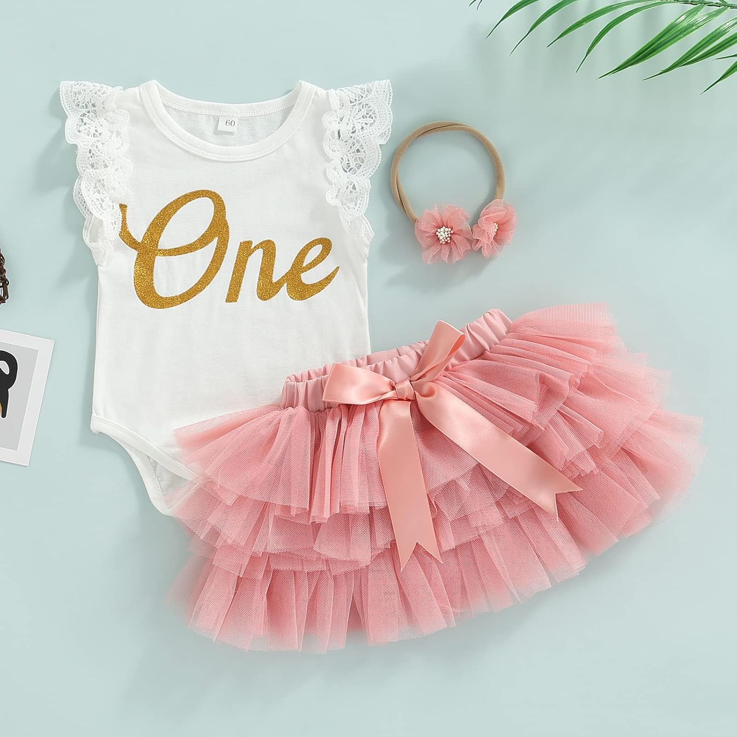 Biayxms Baby Girl First Birthday Outfit One Fly Sleeve Romper and Tutu Skirts Set with Headband Baby My 1st Birthday Clothes - Image 2