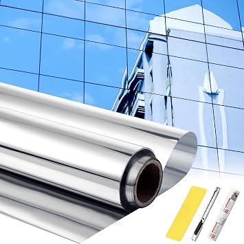 Pushglossy 17.72 Inch X 26.25 ft One Way Window Tint Film Privacy Daytime Reflective Mirror Window Sun Blocking Thermal Insulated Film Heat Control Static Cling Tint Anti UV Home Office Silver