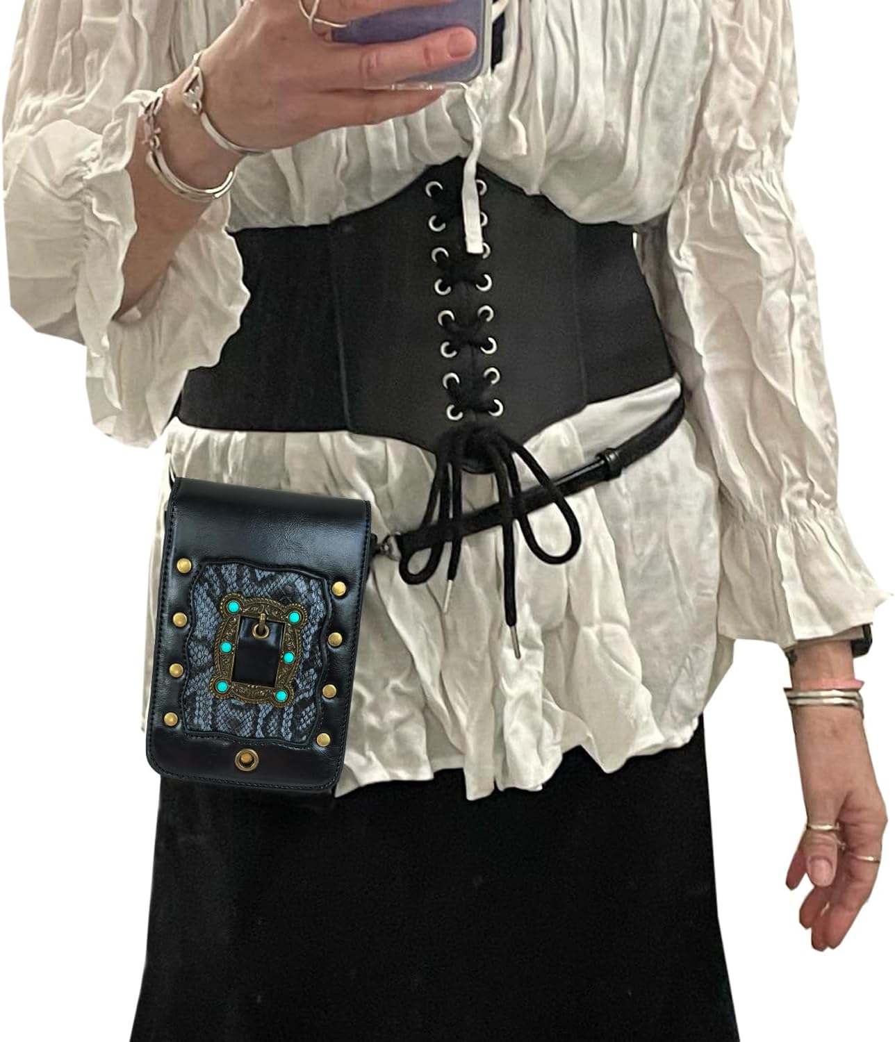 Larswon Renaissance Bag, Medieval Leather Belt Bag - Crossbody, Cell Phone Pouch (Black - Gem) - Image 2