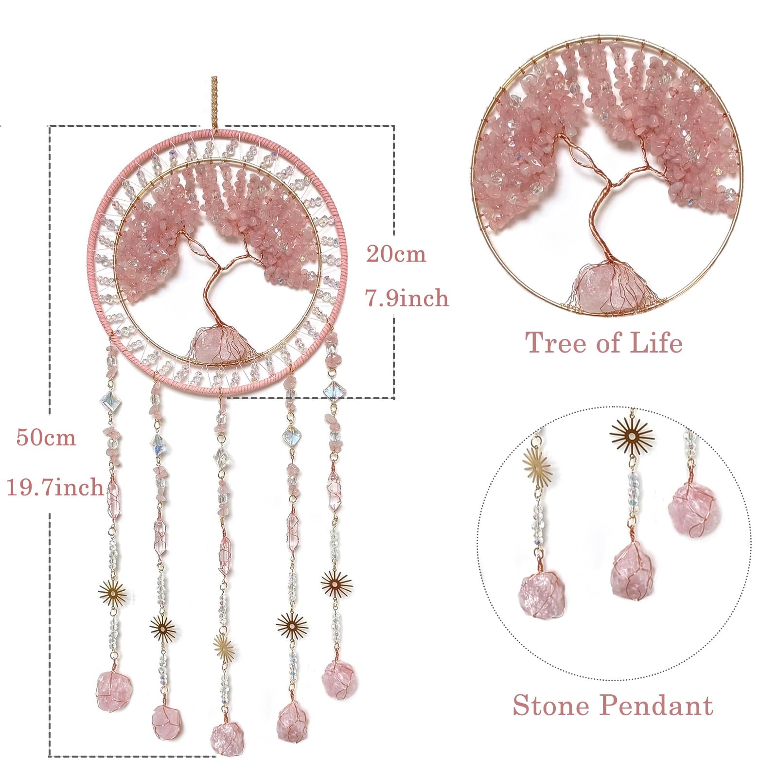 Kristall Baum des Lebens Traumfänger mit Stein Anhänger Rosa Traumfänger Wanddekoration Handgemachte Traumfänger Wandbehang Ornament für Schlafzimmer Wohnzimmer Wohnkultur