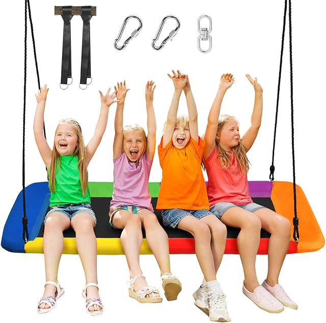 COSTWAY Nest Swing Seat, Rectangle Flying Carpet with Adjustable Hanging Straps, Giant Kids Saucer Tree Swing Set for Backyard Garden Playground, 300kg Capacity (Multi)