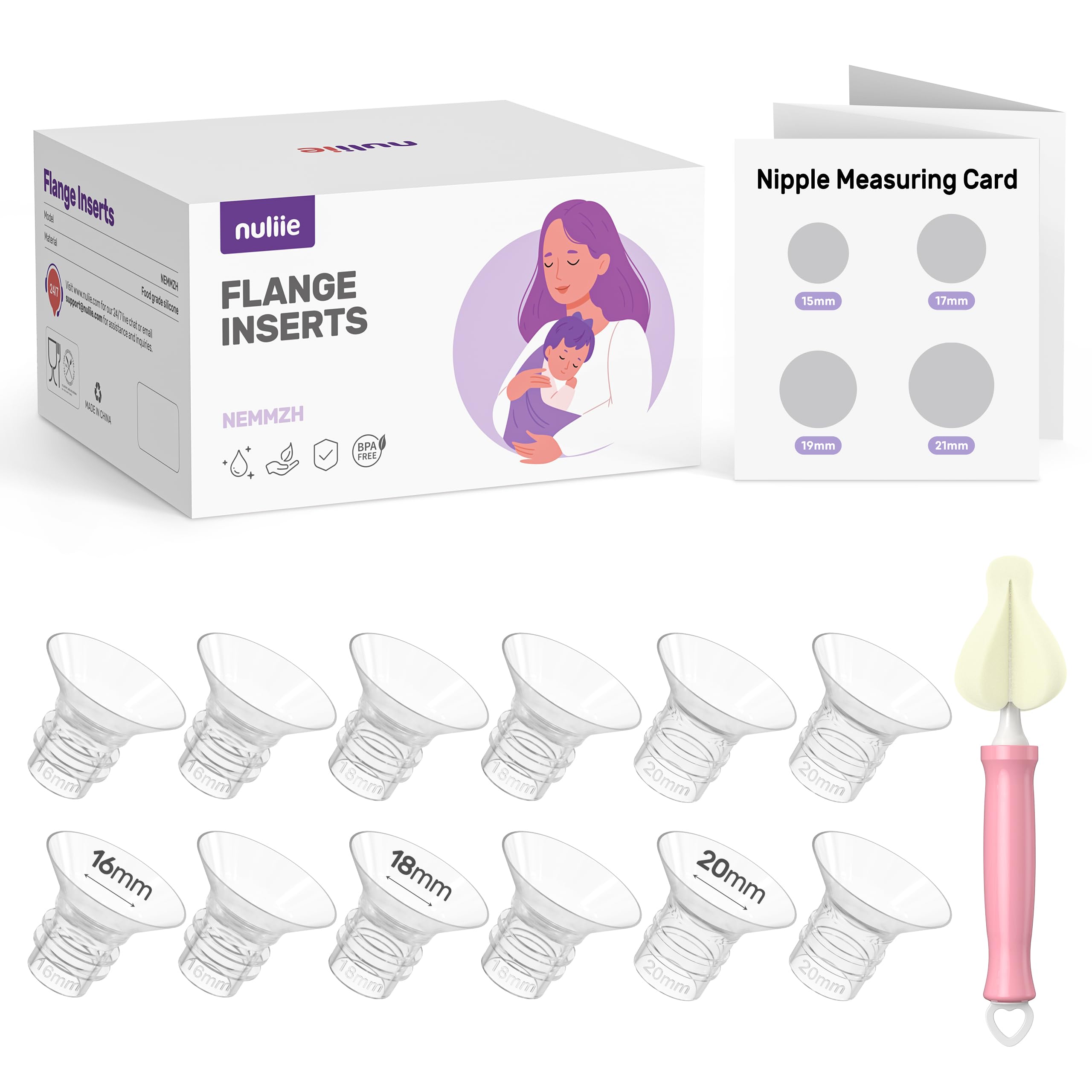 Nuliie 12PCS Flange Sizing Kit 16/18/20mm for 24mm Flange/Shield of Most Pumps, Silicone Flanges Insert for Momcozy/Spectra Electric Breast Pumps, Pumping Essential Kit for Moms