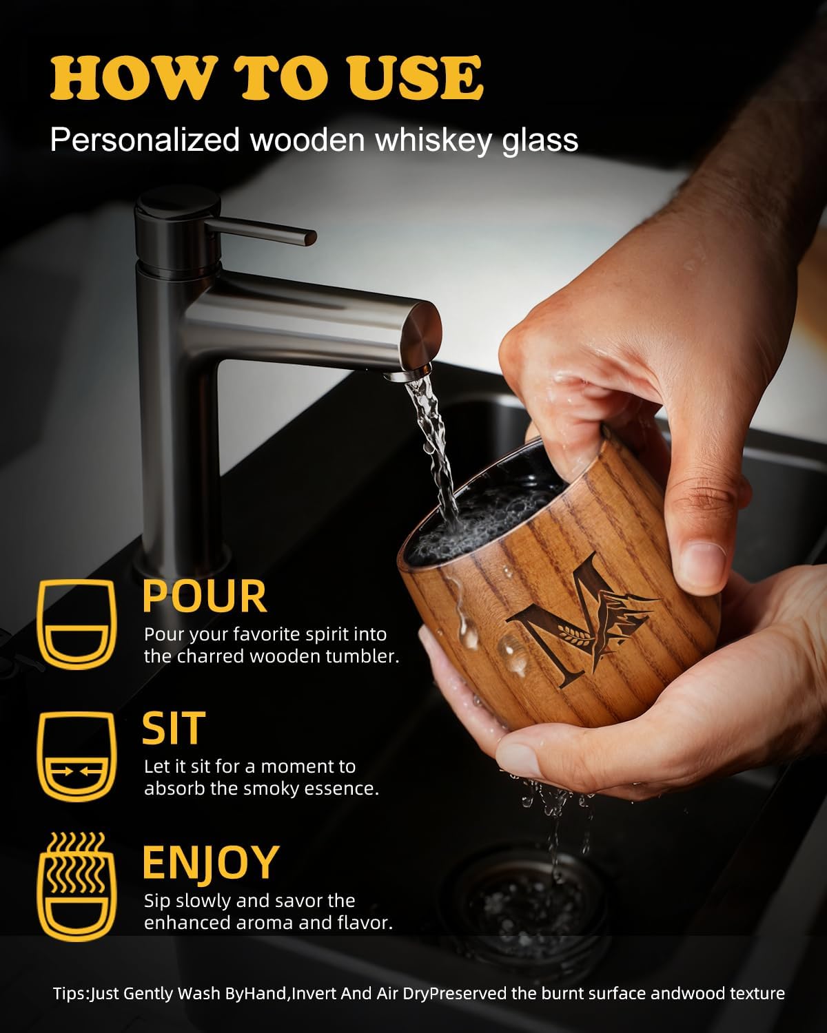 Valentine's Day Gifts for Him Wooden Whiskey Glasses Personalized Bourbon Drinking Cup Charred Custom Initial Old Fashioned Glass 40th 50th 60th 70th Father's Day Birthday Retirement Gifts for Men,M - Image 6
