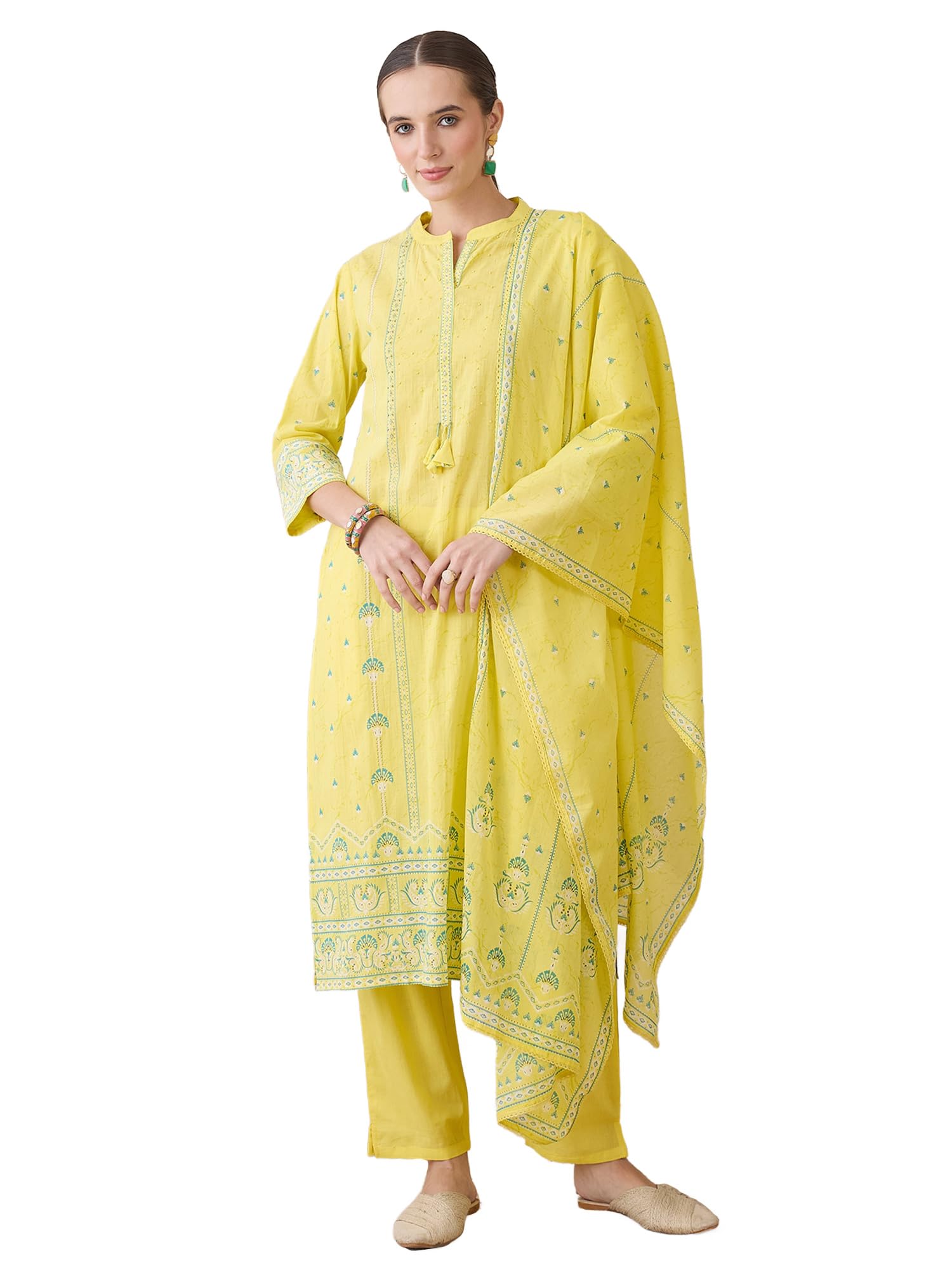 indo era Women's Straight Pure Cotton Ethnic Motifs Printed Kurta & Pant with Dupatta Set (IESTR9770)-picture-15