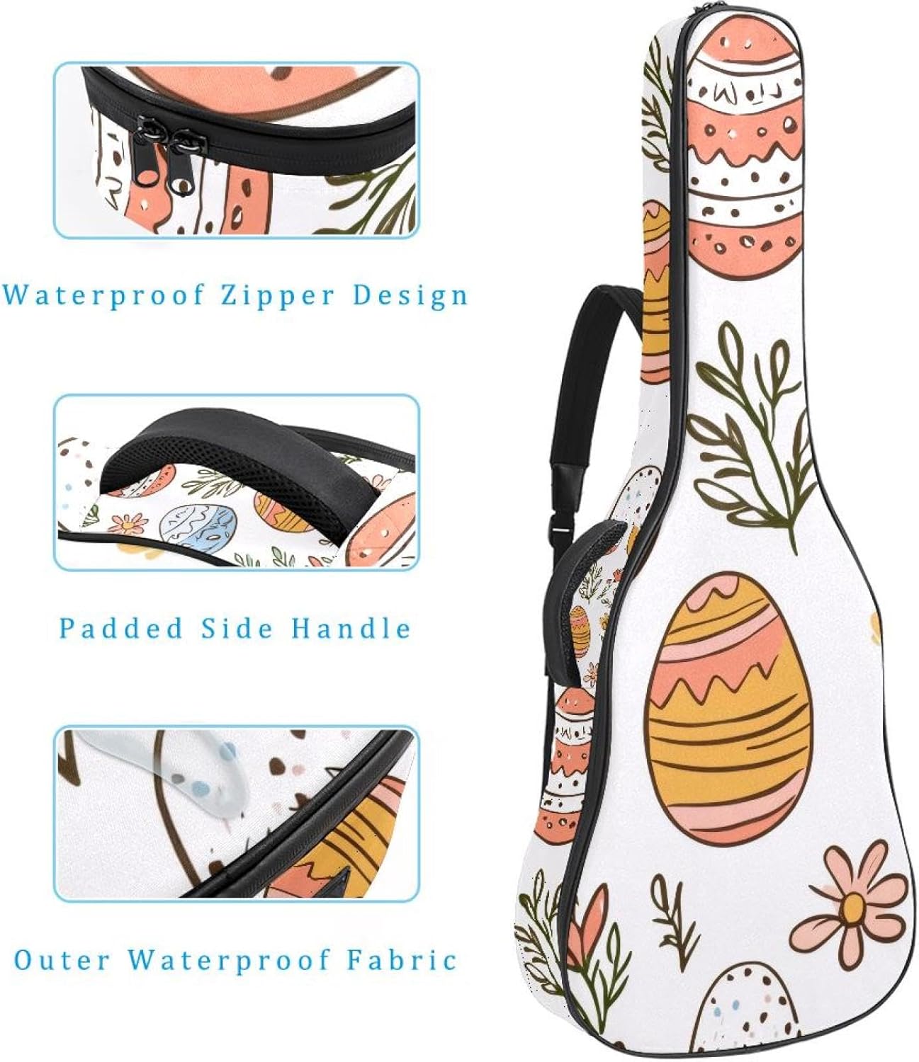 Easter Eggs with Flowers Plants Doodle Style Acoustic Guitar Gig Bag, 1 cm Thick Padding Waterproof Guitar Bag Backpack for 40 41 42 Inch Electric Bass Classical Guitars