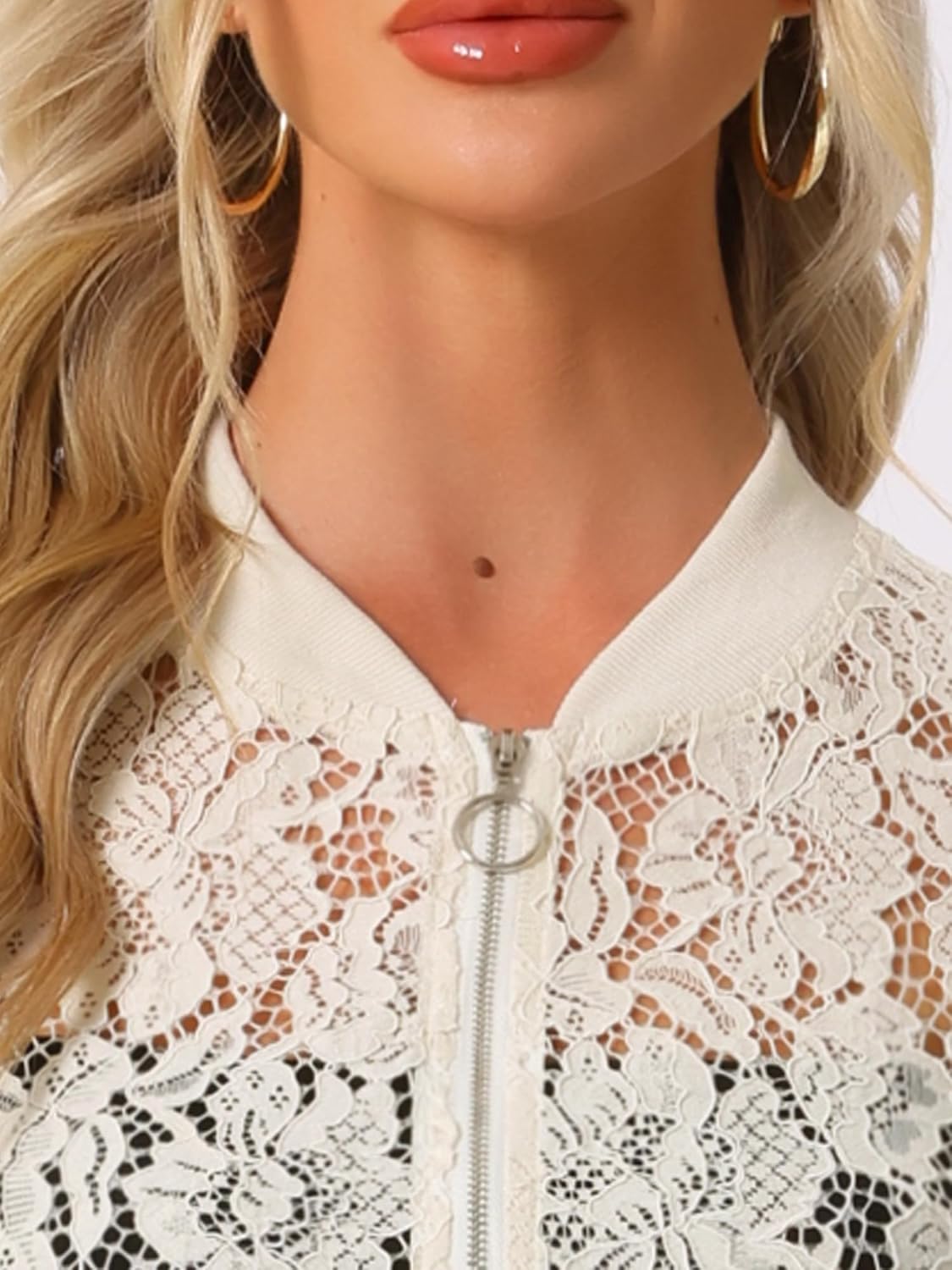 Allegra K Women's Crop Jacket Stand Collar Zip Up Sexy Sheer Gothic Lace Lightweight Baseball Jacket - Image 5