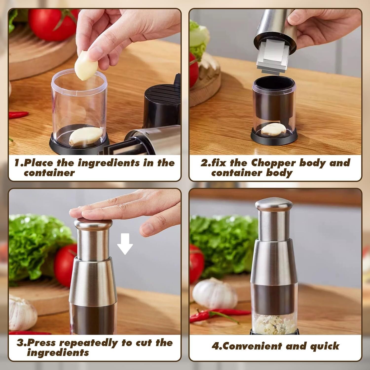 Knoblauchpresse Edelstahl Manueller Fleischwolf für Knoblauch, Ingwer, Zwiebel – Küchenpresse mit Griff und Schäler, ideal für Salatdressing und Kochen
