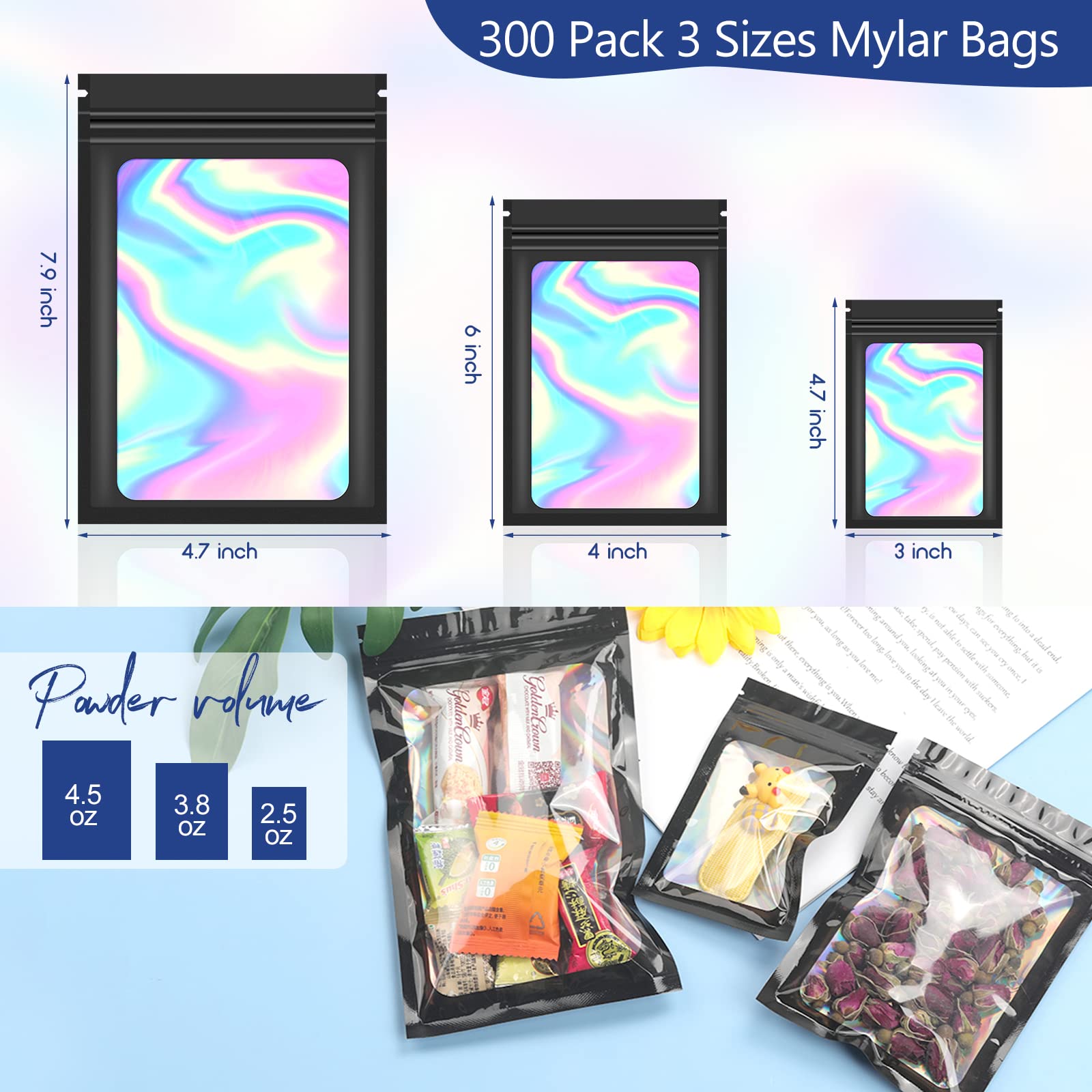Paquete de 300 bolsas de Mylar resellables de 3 tamaños, bolsa a prueba de olores para almacenamiento de alimentos, bolsas de embalaje holográficas con ventana frontal para muestras de aperitivos, 2