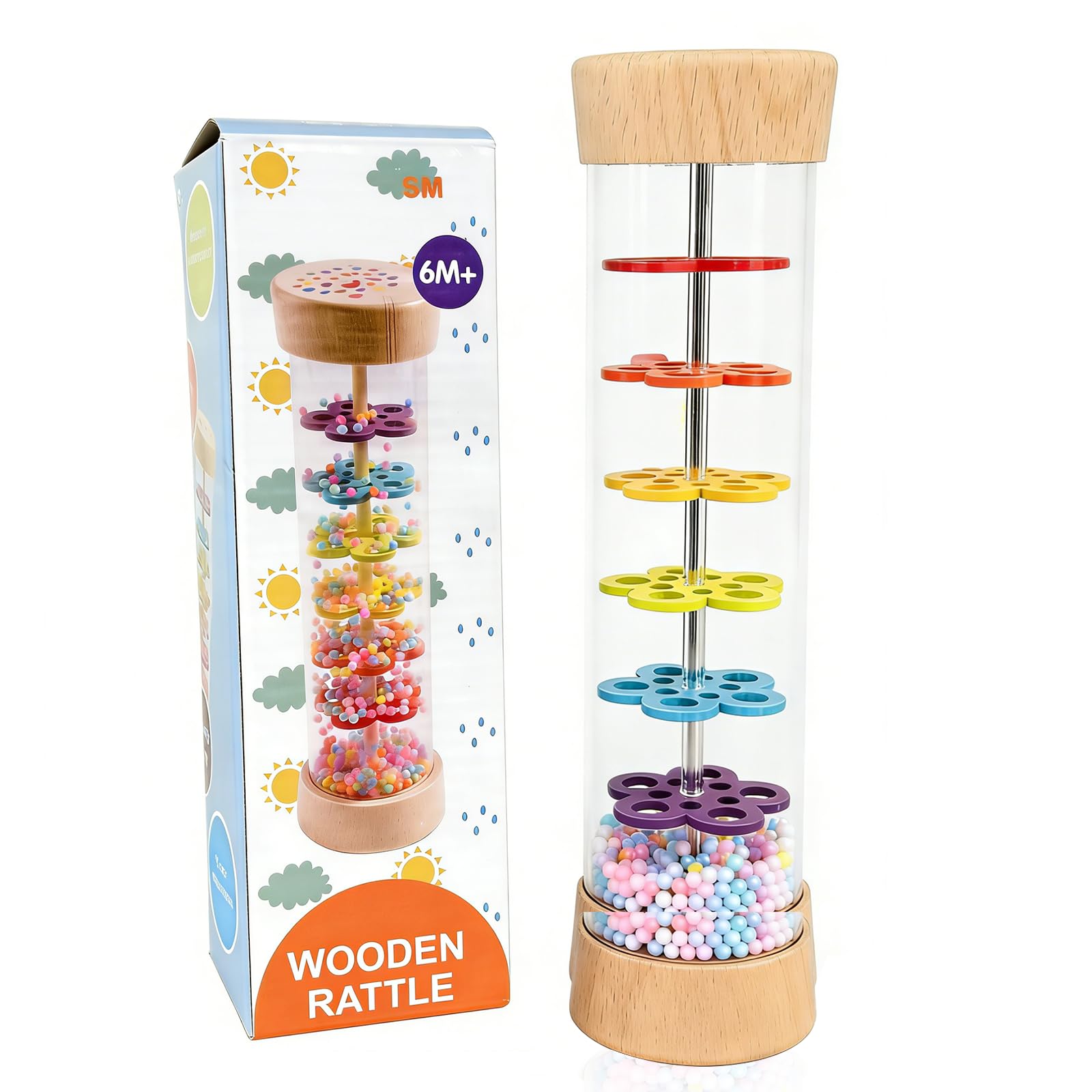 Veloray Baby Rain Stick, Wooden Rattle with Drip Relaxing Sound, Montessori Toy, Motor and Sensory Skills Development, Wooden Sensory Toy, BPA Free, From 3 Months