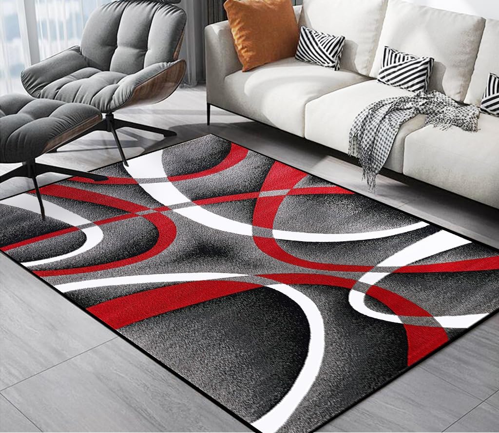 Geometric Strip Lines Area Rug 4x6 - Modern Abstract Accent Rug for Living Room Bedroom, Non-Slip Luxury Art Floor Mat Under Couch, Red/Black/White Contemporary Indoor Rug