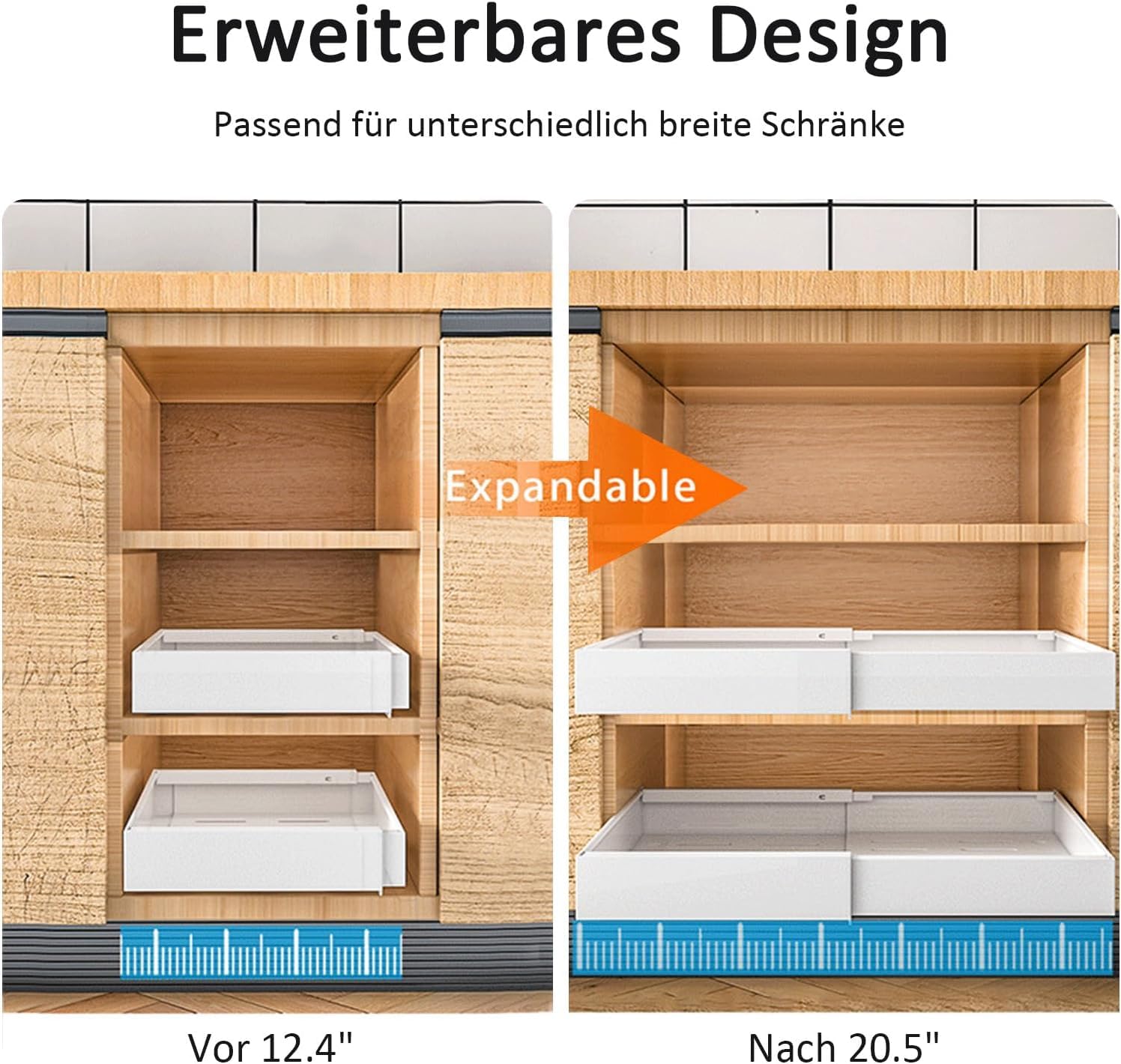 2er Set Teleskopschubladen - Verstellbare Ausziehschieber (32-53cm Breite) für Küchenschränke | Mit Klebebefestigung & 3 Schienensystem | 34kg Tragkraft (Weiß)