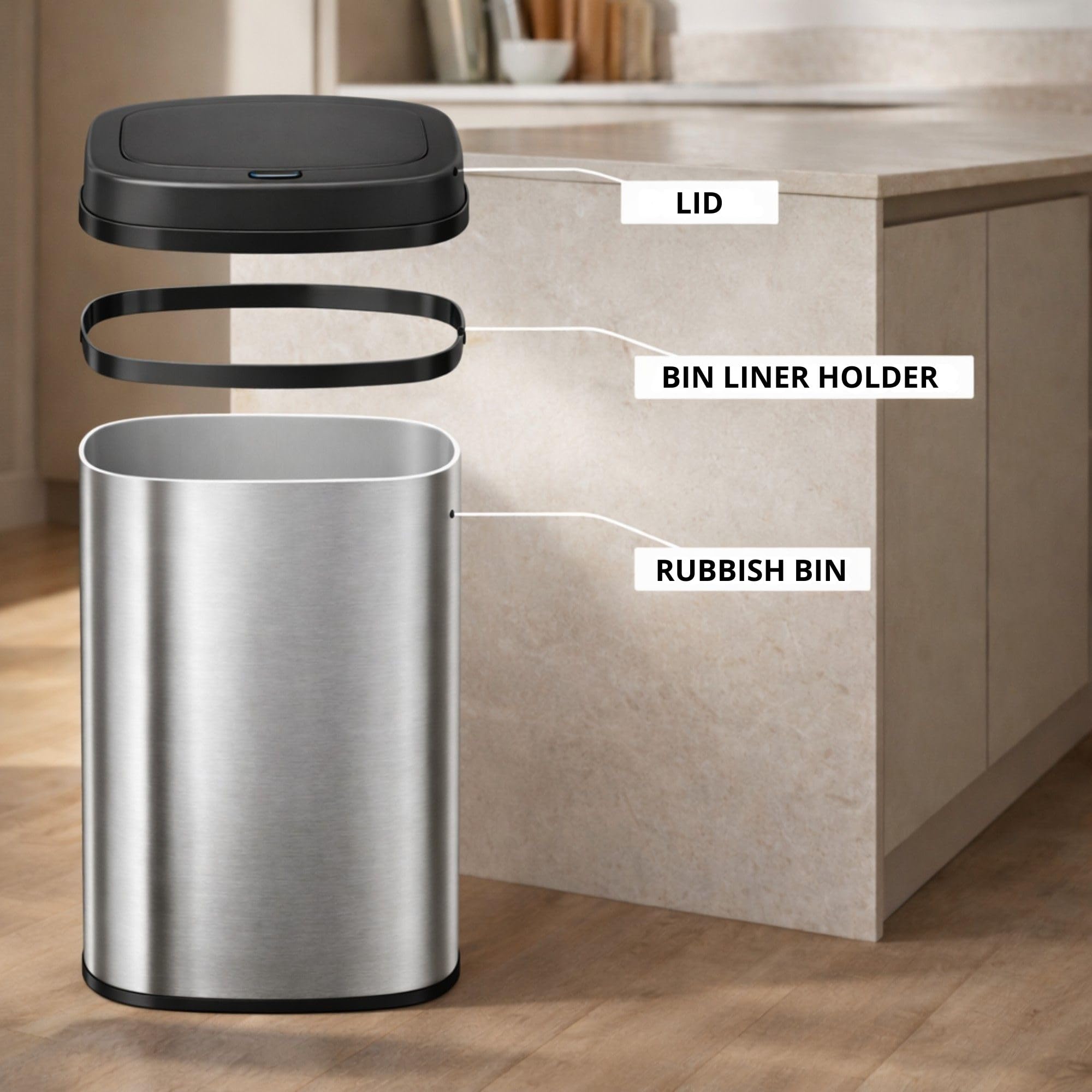 Bayt Pattumiera da 60 l touch, bidone per rifiuti in metallo, grande cestino moderno per cucina e ufficio senza secchio interno - argento