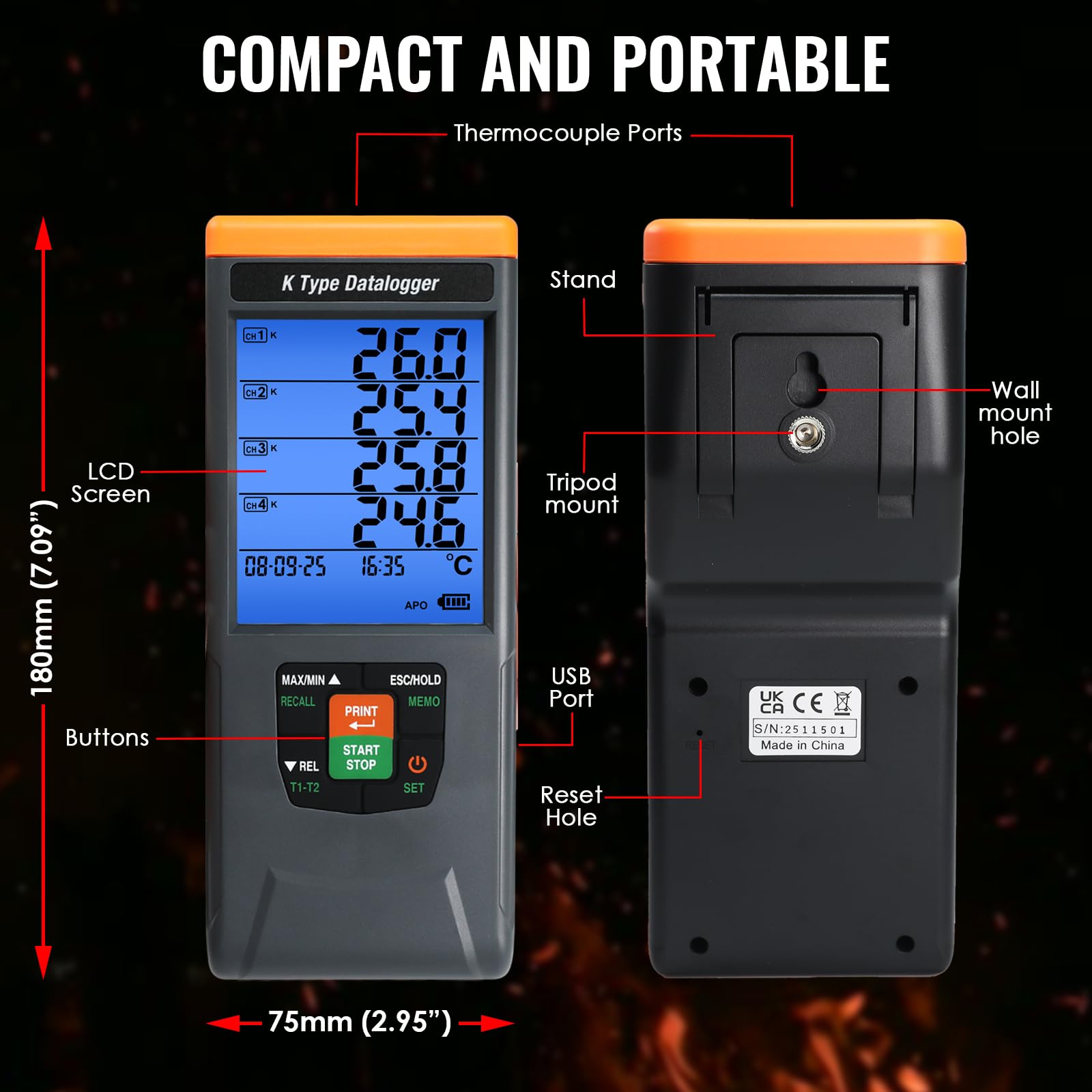 4-kanałowy termometr cyfrowy z termoparą typu K, rejestrator (-200°C ~ 1370°C), 48 000 danych, alarmy, podświetlany wyświetlacz LCD, do laboratorium, HVAC, przemysłu badawczego.