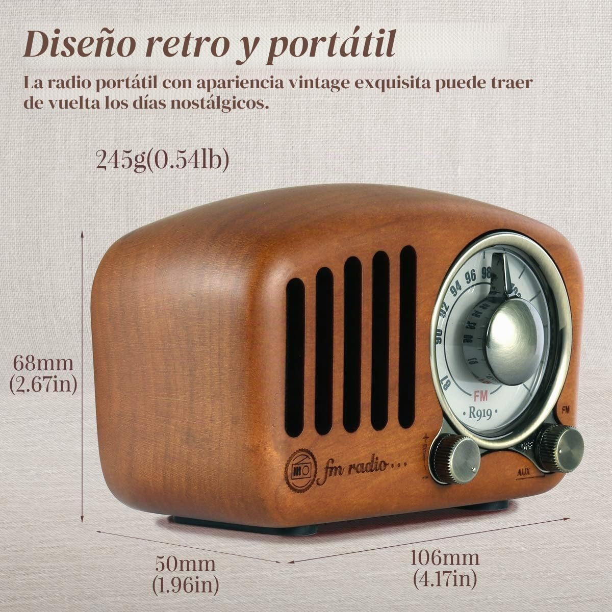 PRUNUS J-919 Radio Transistor FM SD MP3 Bluetooth de Formato de Madera Retro-Clásico, con Altavoz, función AUX, Sintonizador Circular de 270º y indicador de sintonía. (Madera de Cereza)