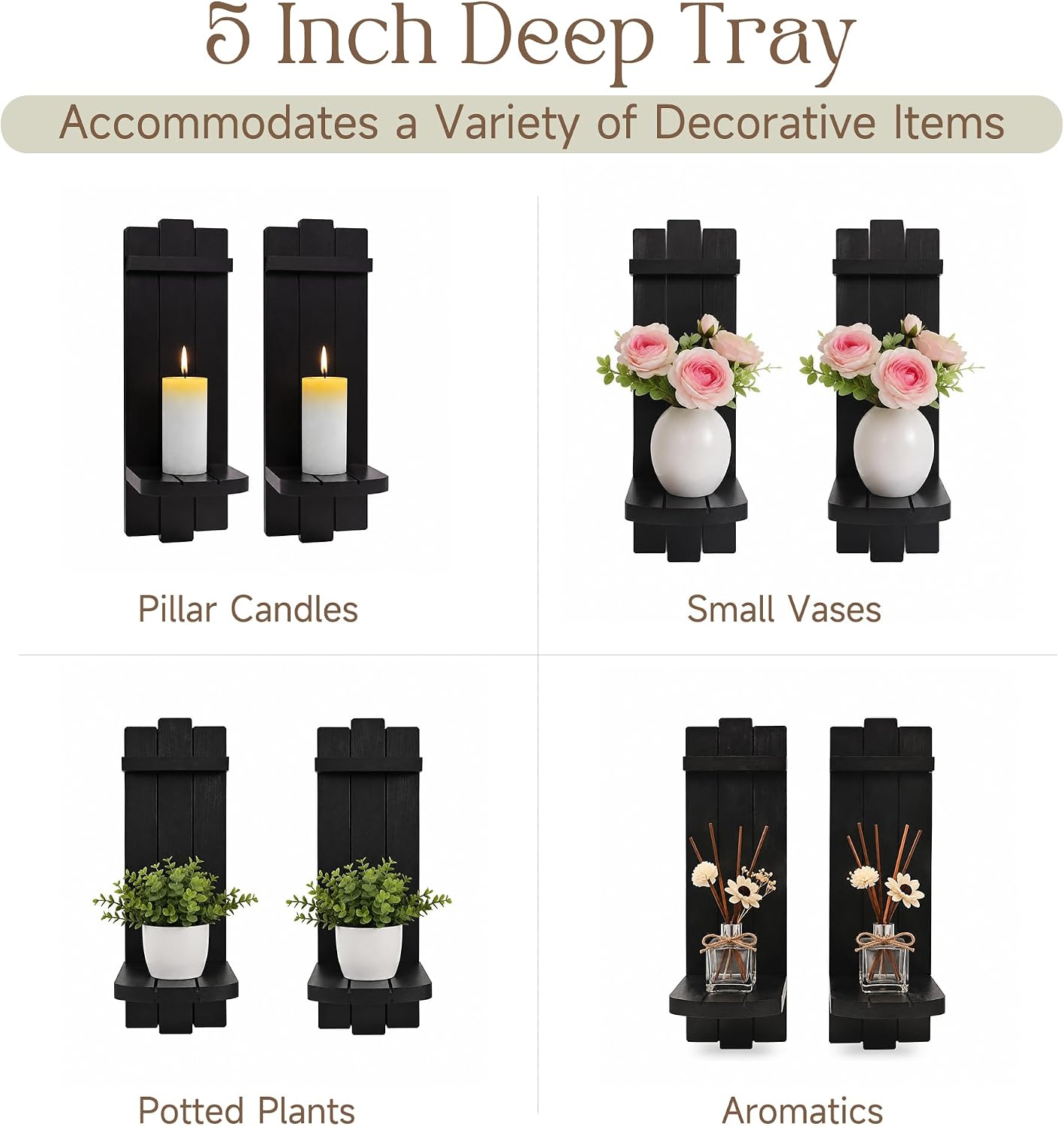 Black Wood Candle Sconces Set of 2, Farmhouse Wall Candle Holder