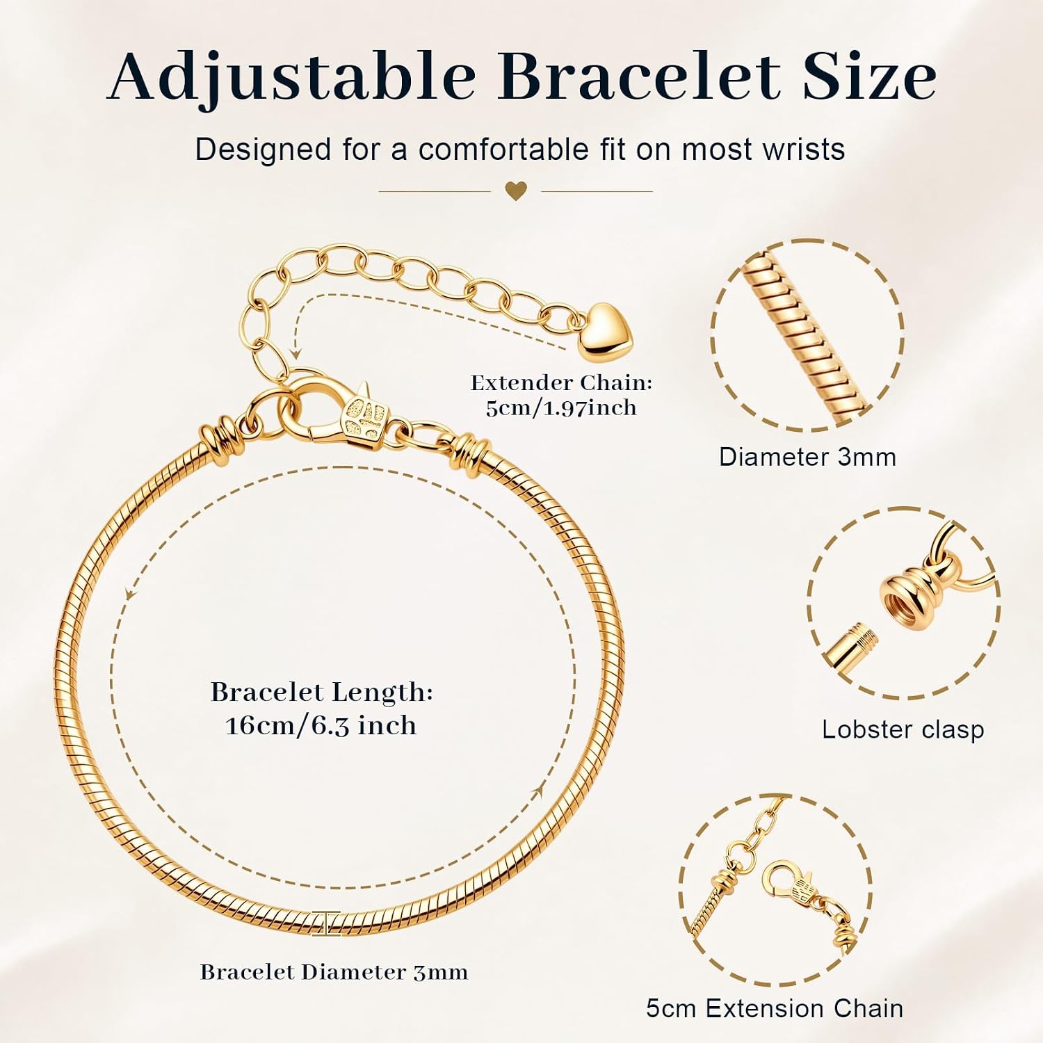 60 Pcs Snake Chain Bracelets Bulk for Jewelry Making 7.09 Inch Adjustable Charm Bracelet Chain with Heart Extender Snake Charm Bracelets Bulk for DIY Jewelry Making Supplies Wedding