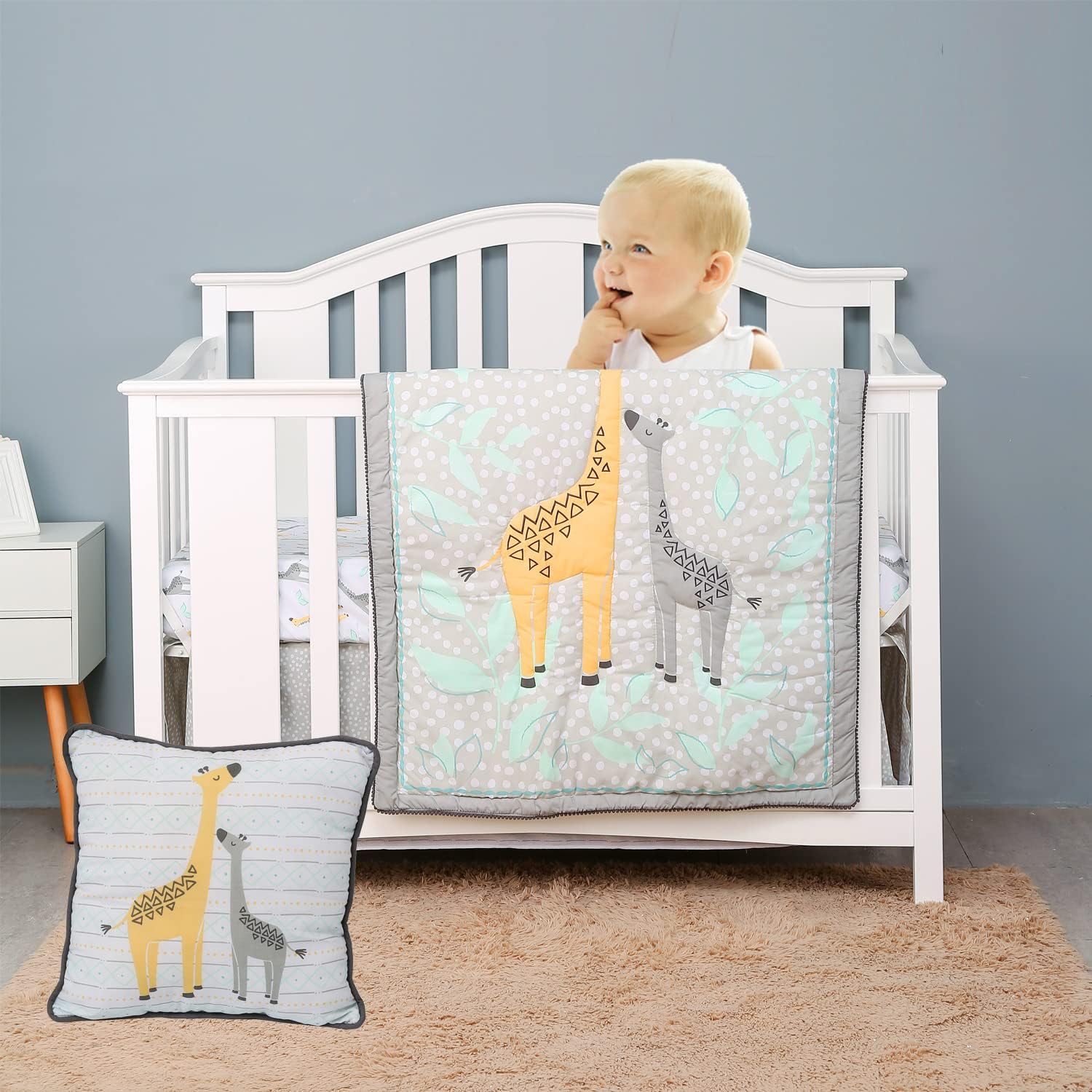 Gray Giraffe Nursery Crib Bedding Set for Boys -5 Pieces Giraffe Baby Boy Cot Bedding Set