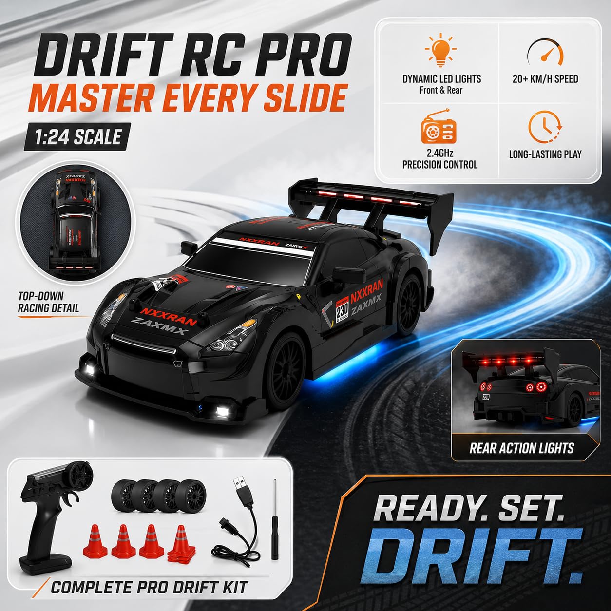 FLYTEK RC Drift Car - LED Lights & Spare Tyres -2