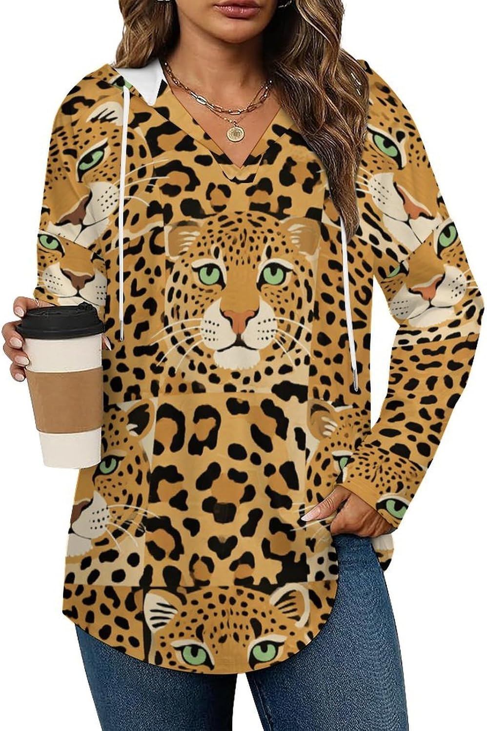 Women's V-Neck Hoodies Long Sleeve Pullover Sweatshirt with Drawstring, Loose Fit Lightweight Casual Top