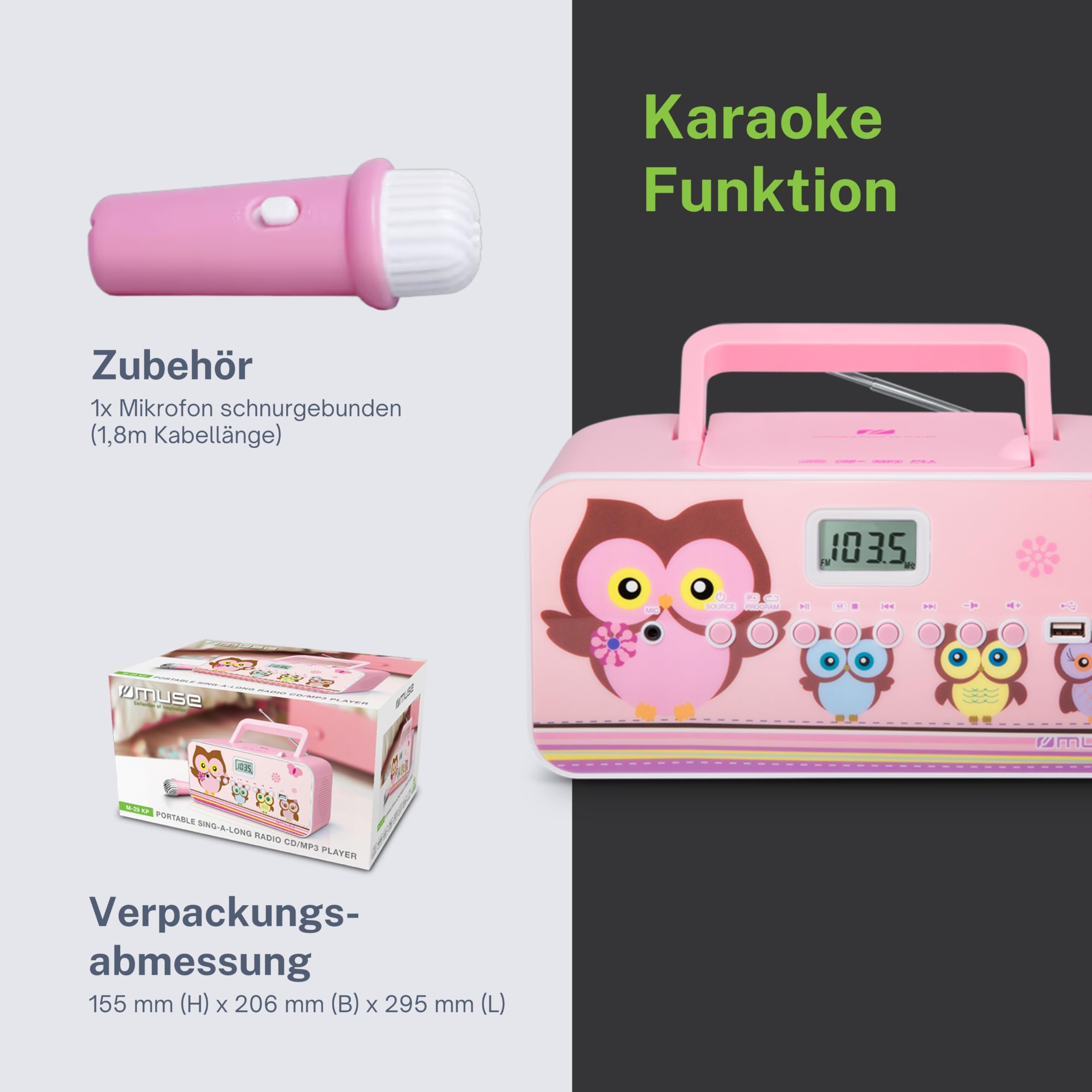 CD-Radio für Kinder mit Mikrofon und Sing-A-Long Karaoke Funktion (CD / MP3, USB, AUX-In, LCD-Display, Teleskopantenne), Pink mit Eulenmotiven