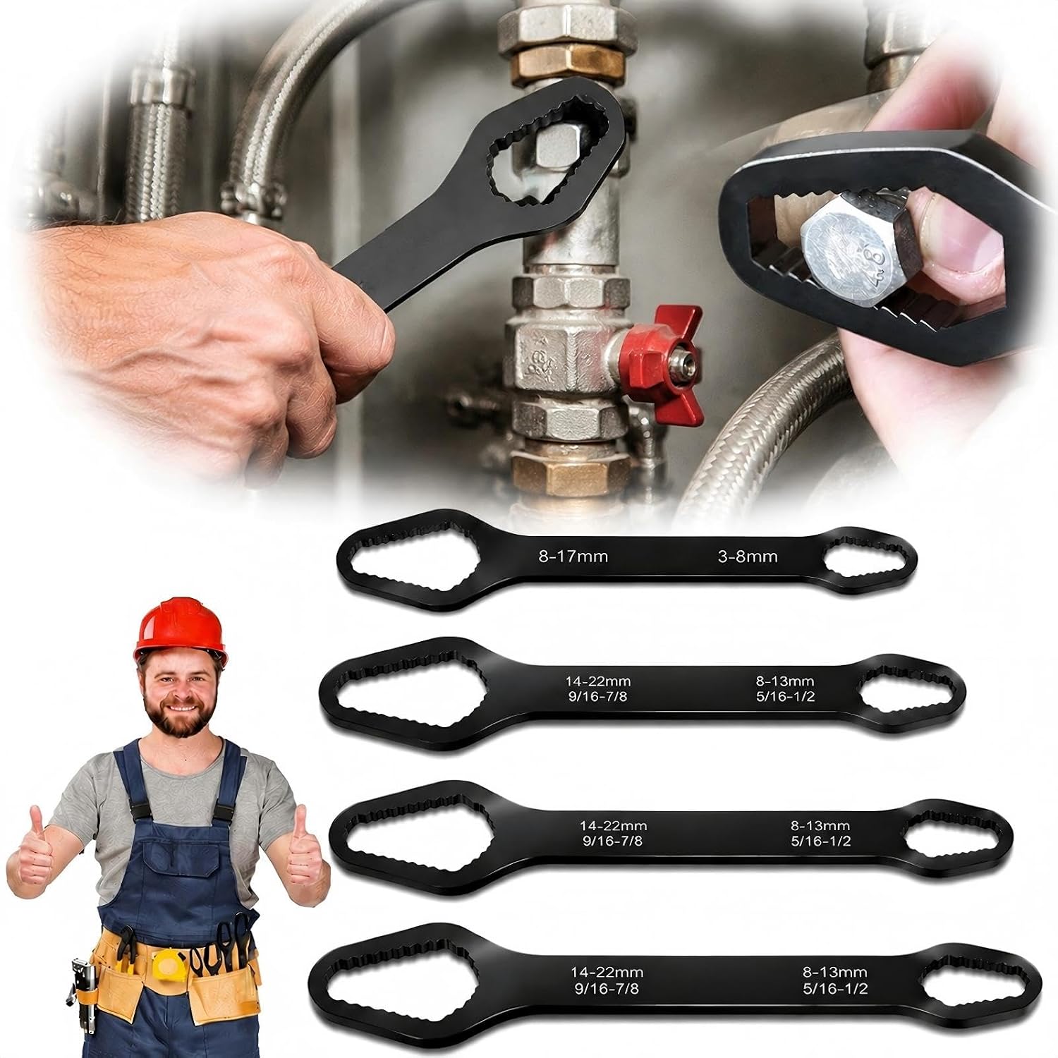 4 Pcs 2026 Upgraded Universal Torx Wrench Set-Double Ended Self-Tightening Multifunctional Wrench, 3mm-22mm Adjustable, One Wrench Fits All for Outdoor Riding Home Car Repair Tools
