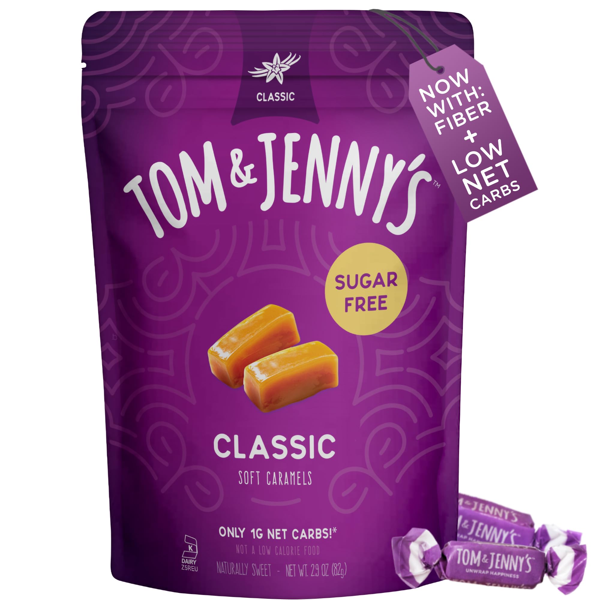 Tom & Jenny's Sugar Free Candy Soft Caramels Individually Wrapped - Sea Salt & Vanilla - Low Net Carb Keto Zero Sugar Candy with Allulose & Maltitol (Classic Chewy Caramels) 1 Pack