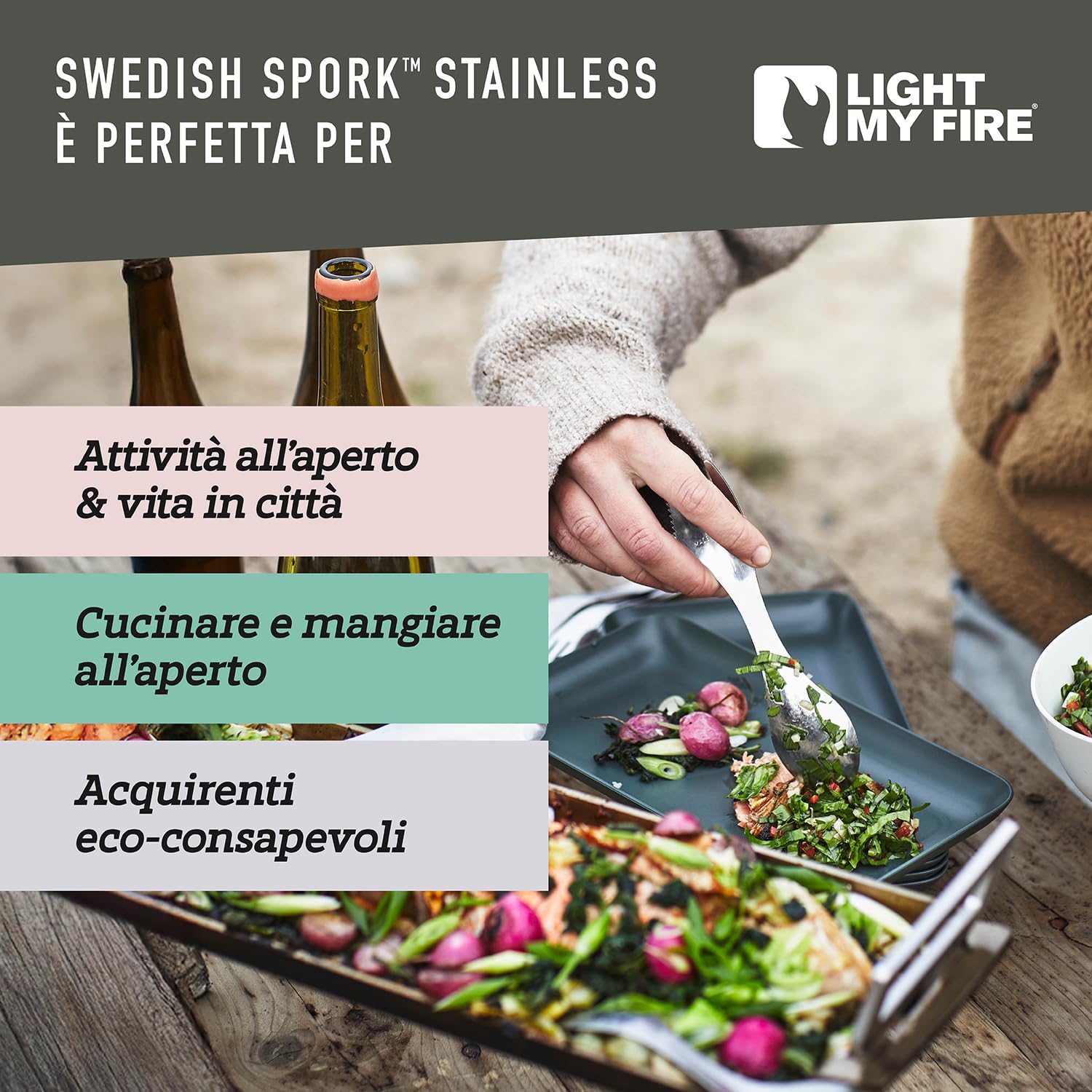 Light My Fire Sporks - Set di posate da campeggio 3 in 1 in acciaio inox grado 304, infrangibili, coltello, forchetta, cucchiaio, set di posate da viaggio, accessori da campeggio, attrezzatura di