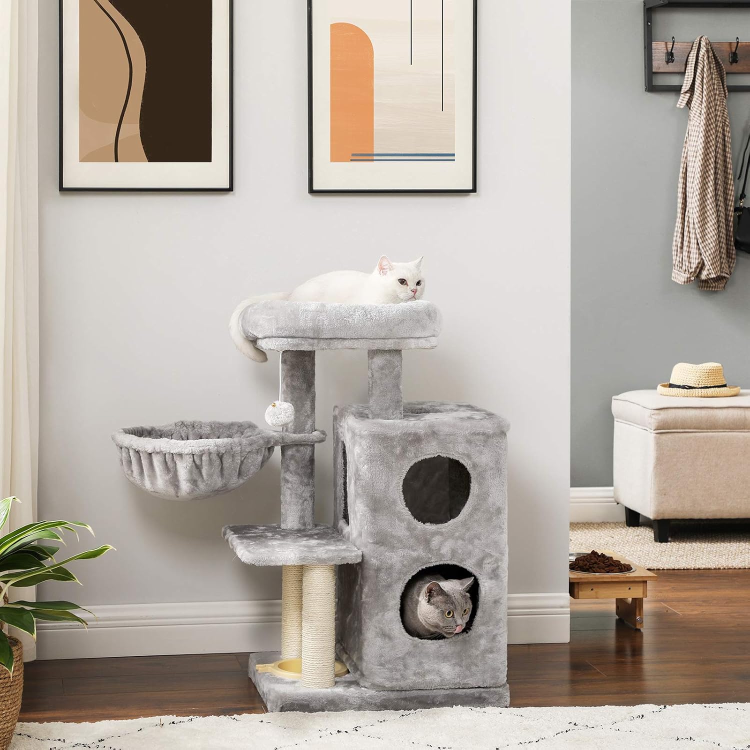FEANDREA Multi-Level Cat Tree with Feeder Bowl, Sisal-Covered Scratching Posts, Dual Condo, Activity Center Cat Tower Furniture, Light Gray UPCT057W01