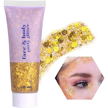 Bestauty Glitter Body Glitter Gel Body Glitter Gel 50 ml Glitter Face Festival for Face Hair Lips Nails DIY Long-Lasting for Festival Party Makeup Gold 50 ml