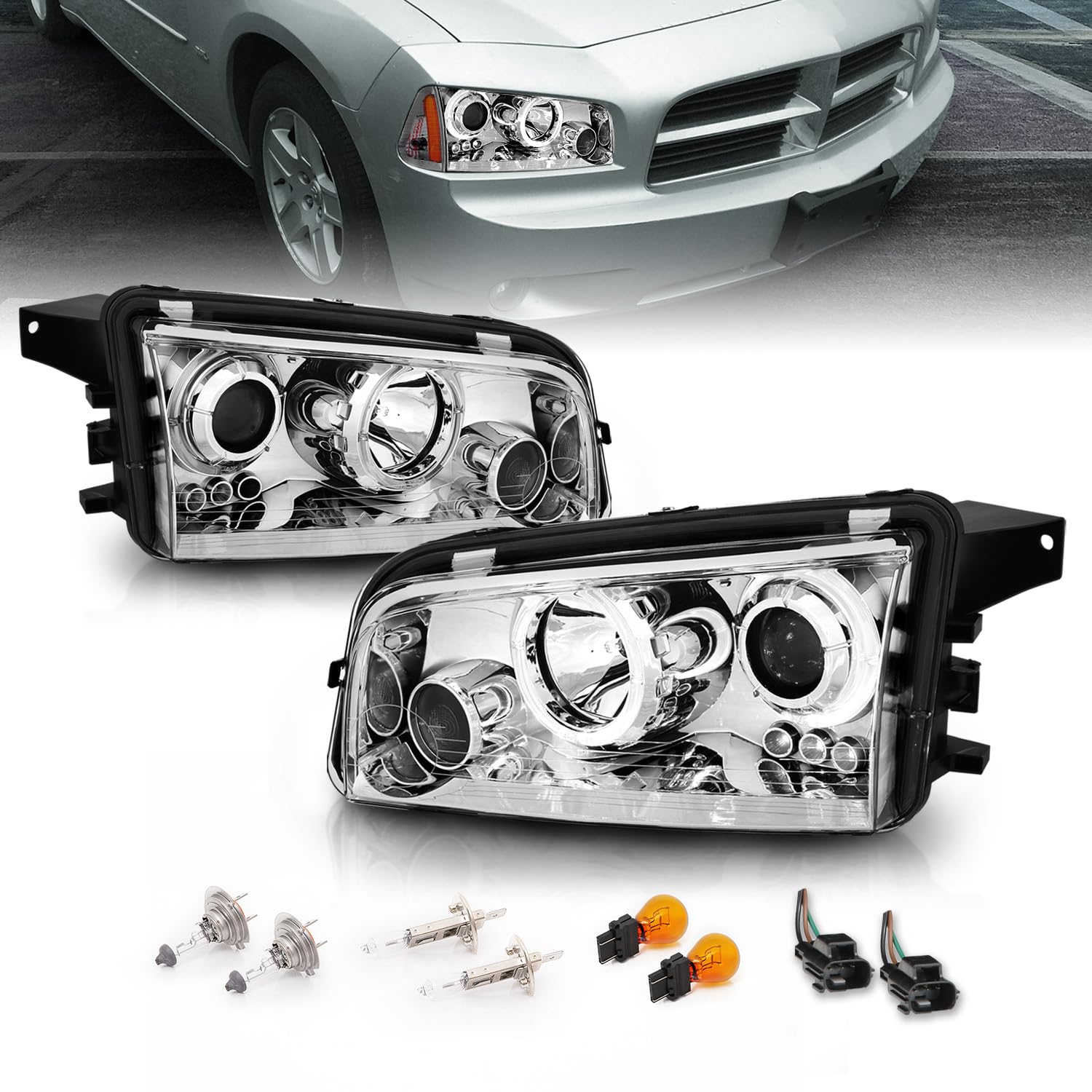 Amazon.com: AmeriLite Chrome Dual LED Halo Projector Replacement Headlights  Set For 06-10 Dodge Charger - Passenger and Driver Side : Automotive