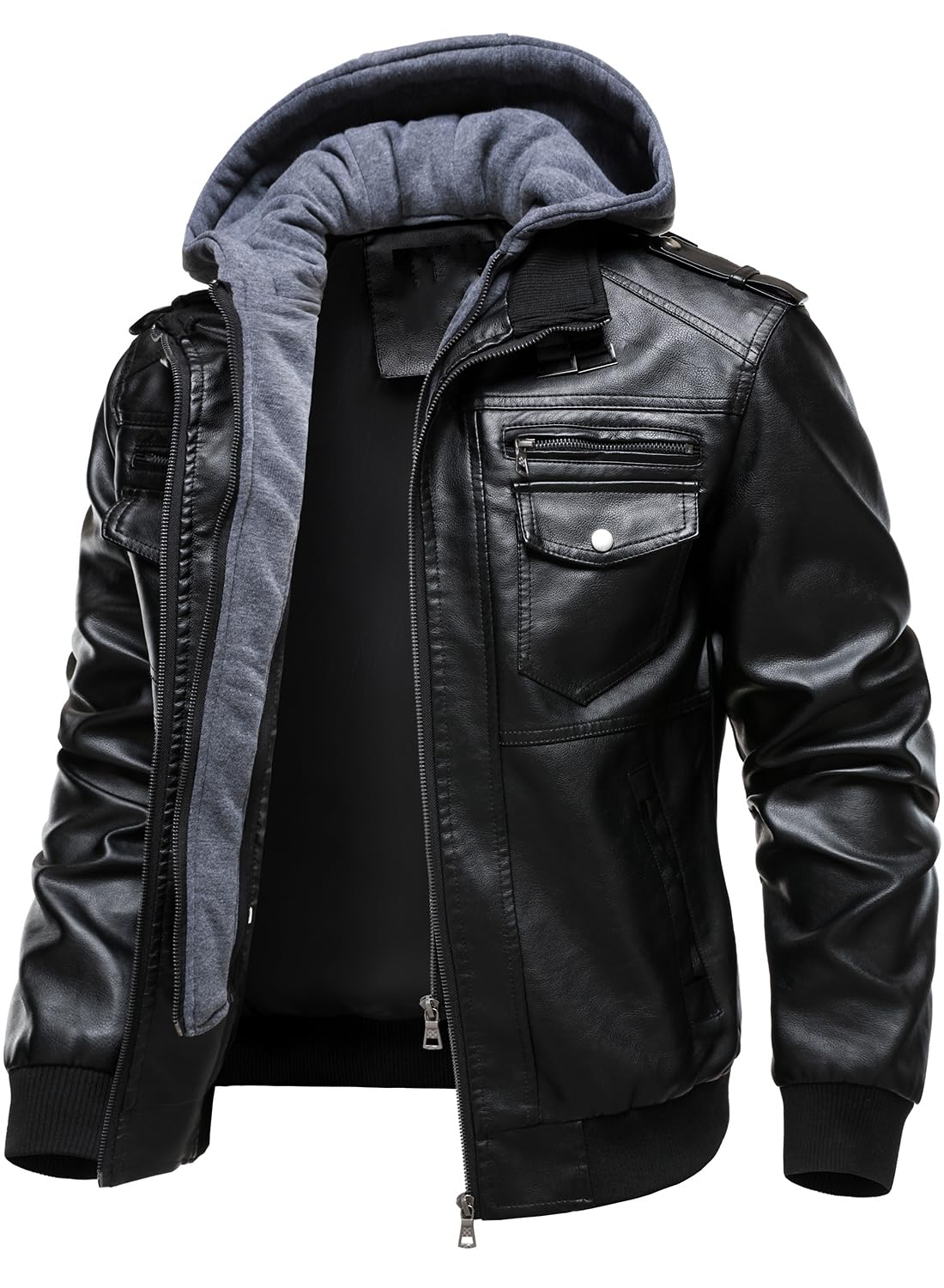 HOOD CREW Herren Lederjacke mit Kapuze Kunstleder Motorradjacken Wasserabweisend Winddicht Moto Vintage Bomberjacke
