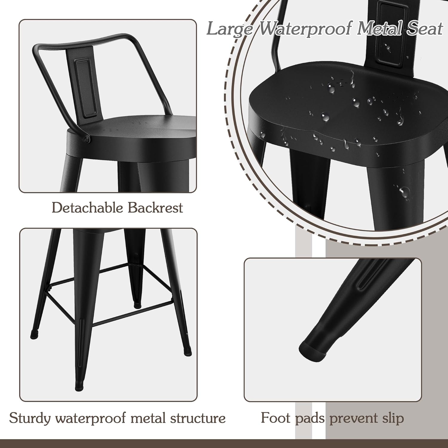 Alunaune 26inch Outdoor Metal Bar Stools Set of 4 Patio Stool Counter Height Barstools Large Seat Industrial Counter Stool Kitchen Bar Chairs Indoor-Low Back, Black