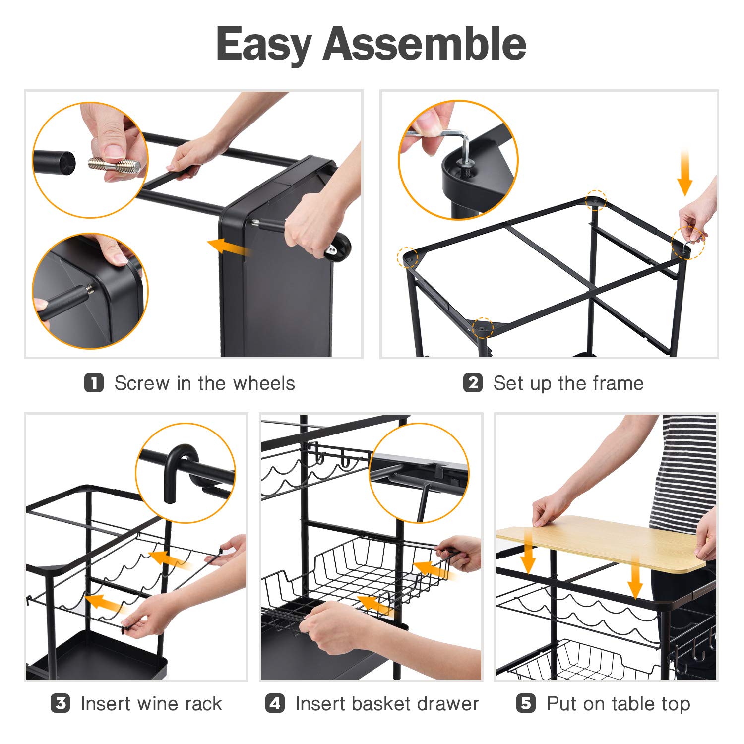 KINGRACK Kitchen Island Storage Trolley with Wine Rack,Serving Trolleys with Utility Wood