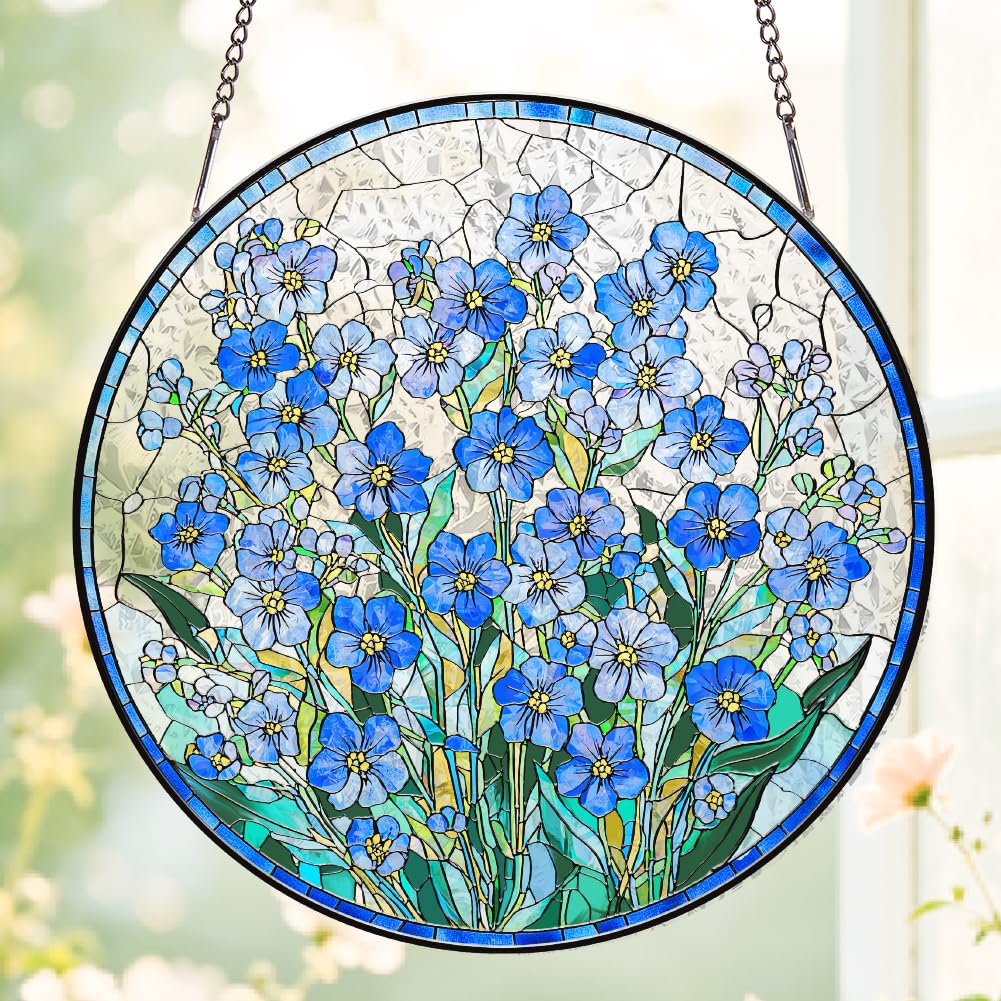 SUPERDANT 1Pc Flower Bush Stained Glass Sun Catcher Round Window Decor Rainbow Light Prism Suncatcher Hanging Glass Art For Home Window Decoration Colorful 8Inch/20cm