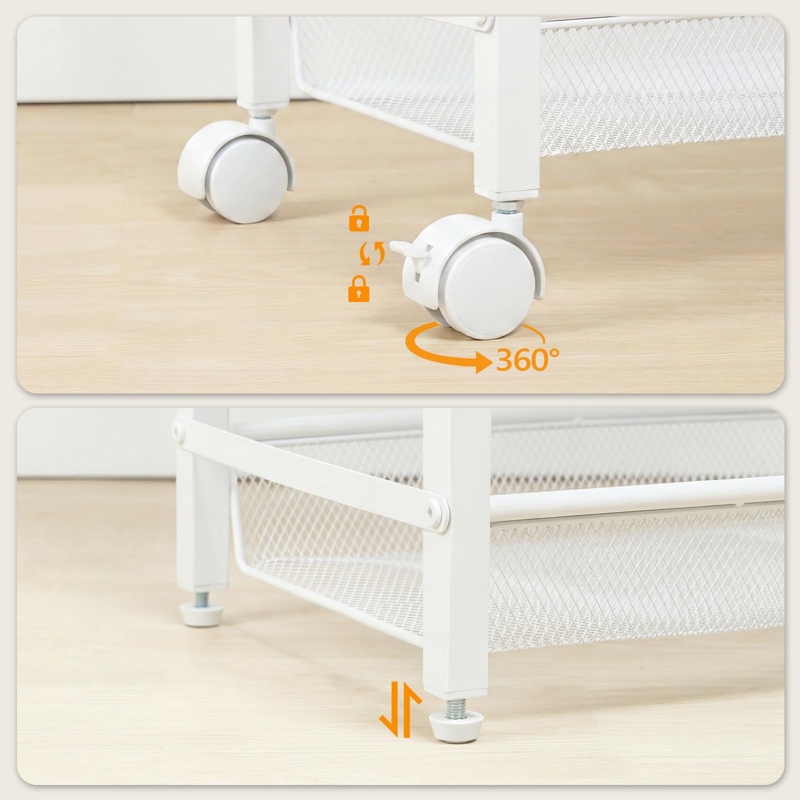 HOOBRO Chariot de Service à 4 Niveaux avec roulettes et Pieds Réglables, Chariot Mobile avec Barrières, Chariot de Cuisine, Chariot de Bar, pour Cuisine, Salon, Blanc et Couleur Bois EWN72TC01
