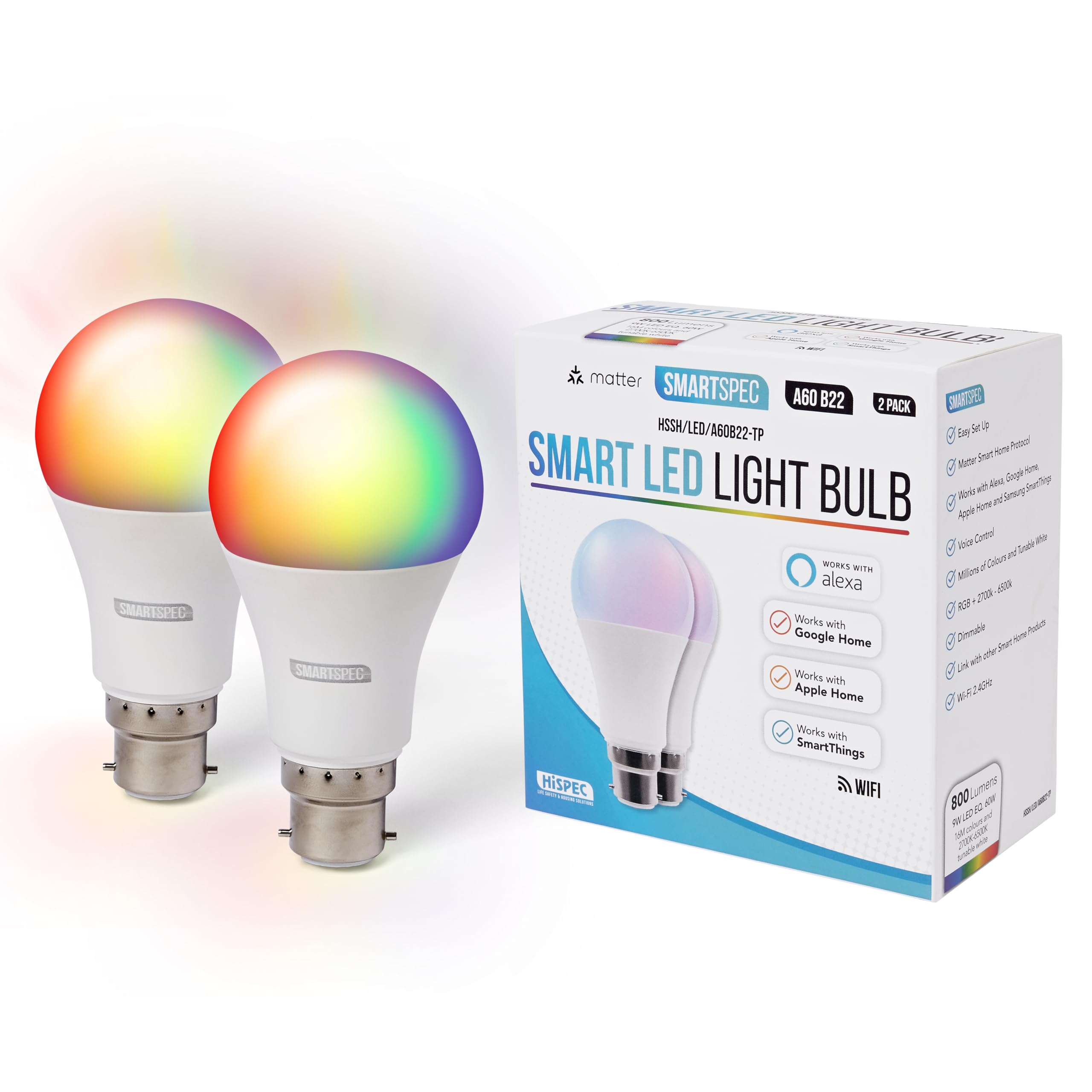 SMARTSPEC SMARTSPEC Smart Bulb 2 Pack, Smart WiFi LED Light. Works with Amazon Alexa, Google Home, Apple Home. Colour Changeable. Multicolour Smart Light Bulb NUUK-A60 ACK Matter B22
