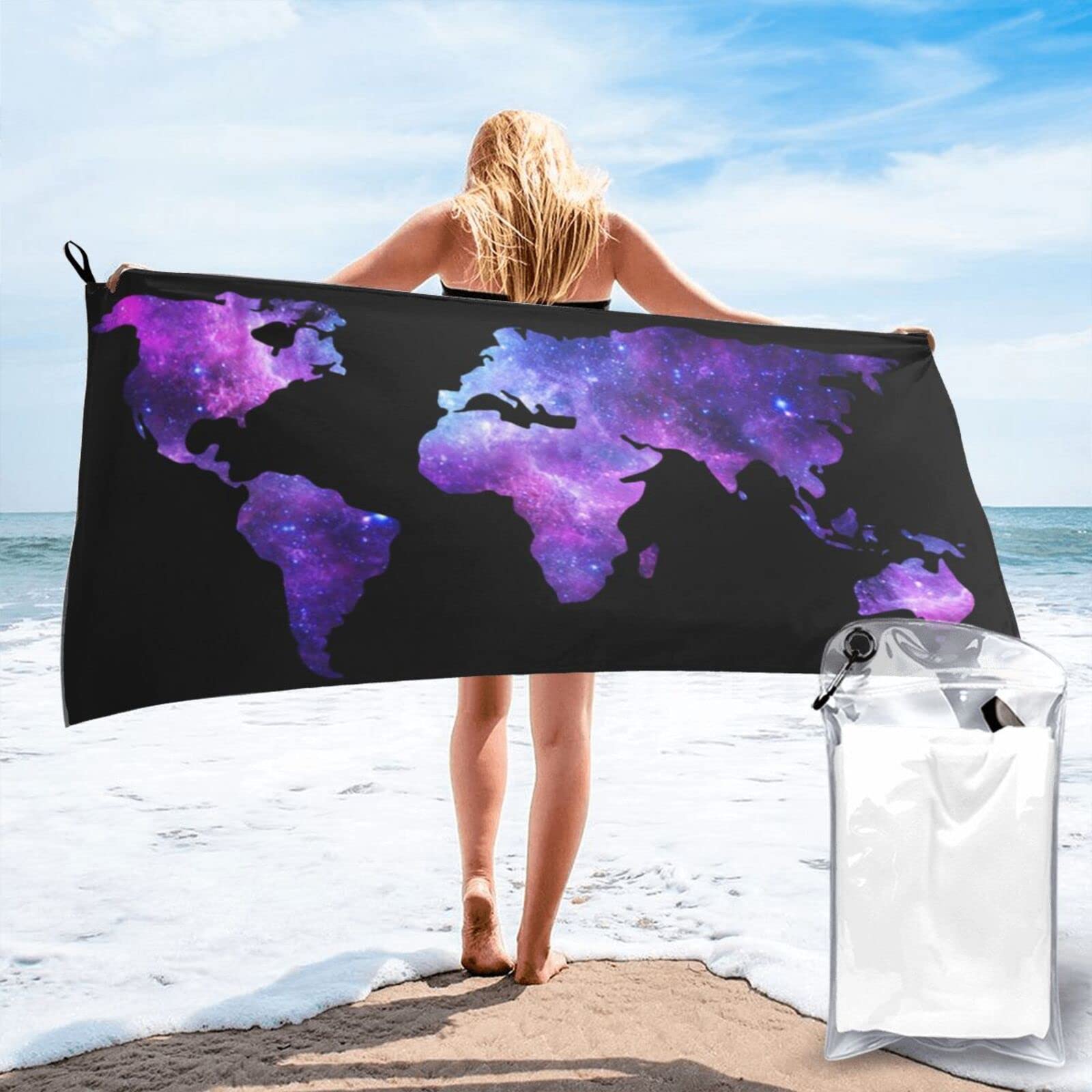 Lawenp Color World Map Microfiber Beach Towel Adults Large Quick Drying Bath Towel Travel Towels with Pouch 31.5"x63"