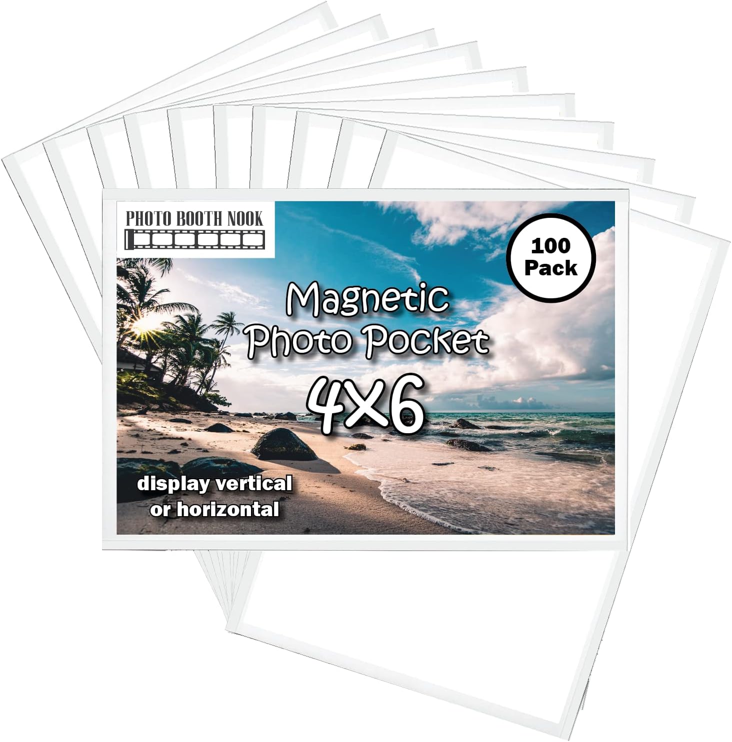 Photo Booth Nook - Premium Magnetic Pocket Picture Refrigerator Frame, White, Holds 4 x 6 Inches Photos, 100 Pack