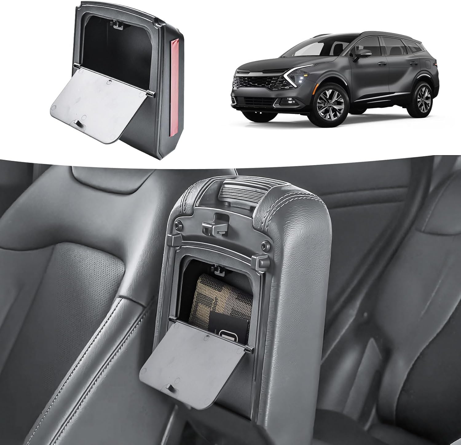HGWEI Hidden Center Console Organizer Compatible with 2023-2026 Kia Sportage Interior Accessories - Lid of Armrest Storage Box NQ5 Secret Compartment Insert Tray, Black